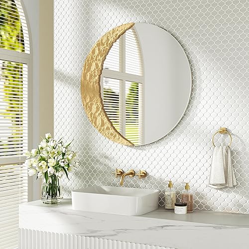 Miniatura 3 de Espejo decorativo redondo sin marco, para decoración de pared, para baño, sala de estar, dormitorio, pasillo, entrada, forma moderna y elegante