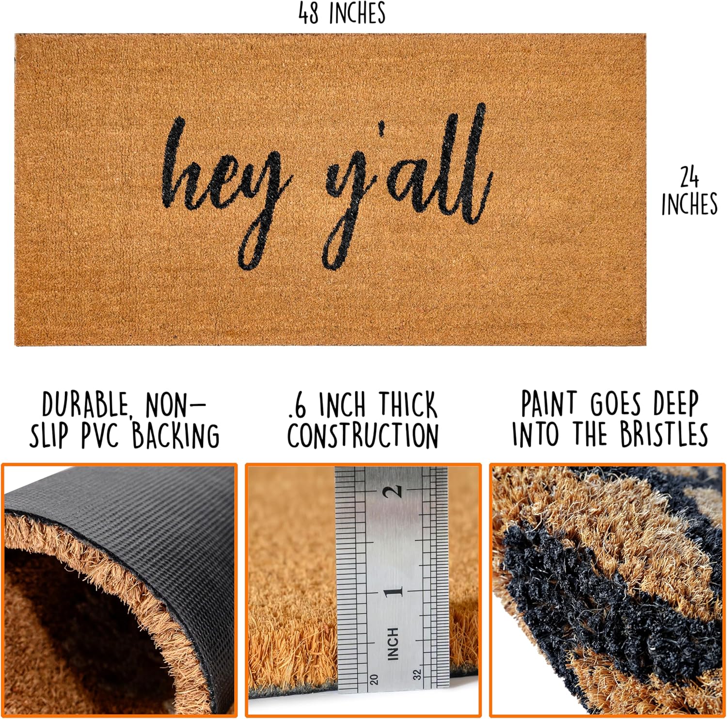 MAINEVENT Hey Y'all Door Mat 48x24 Inch, Large Welcome Mat for Covered Outdoor Area, Front Door MatwW/Non-Slip PVC Backing, Oversized Doormat Coir
