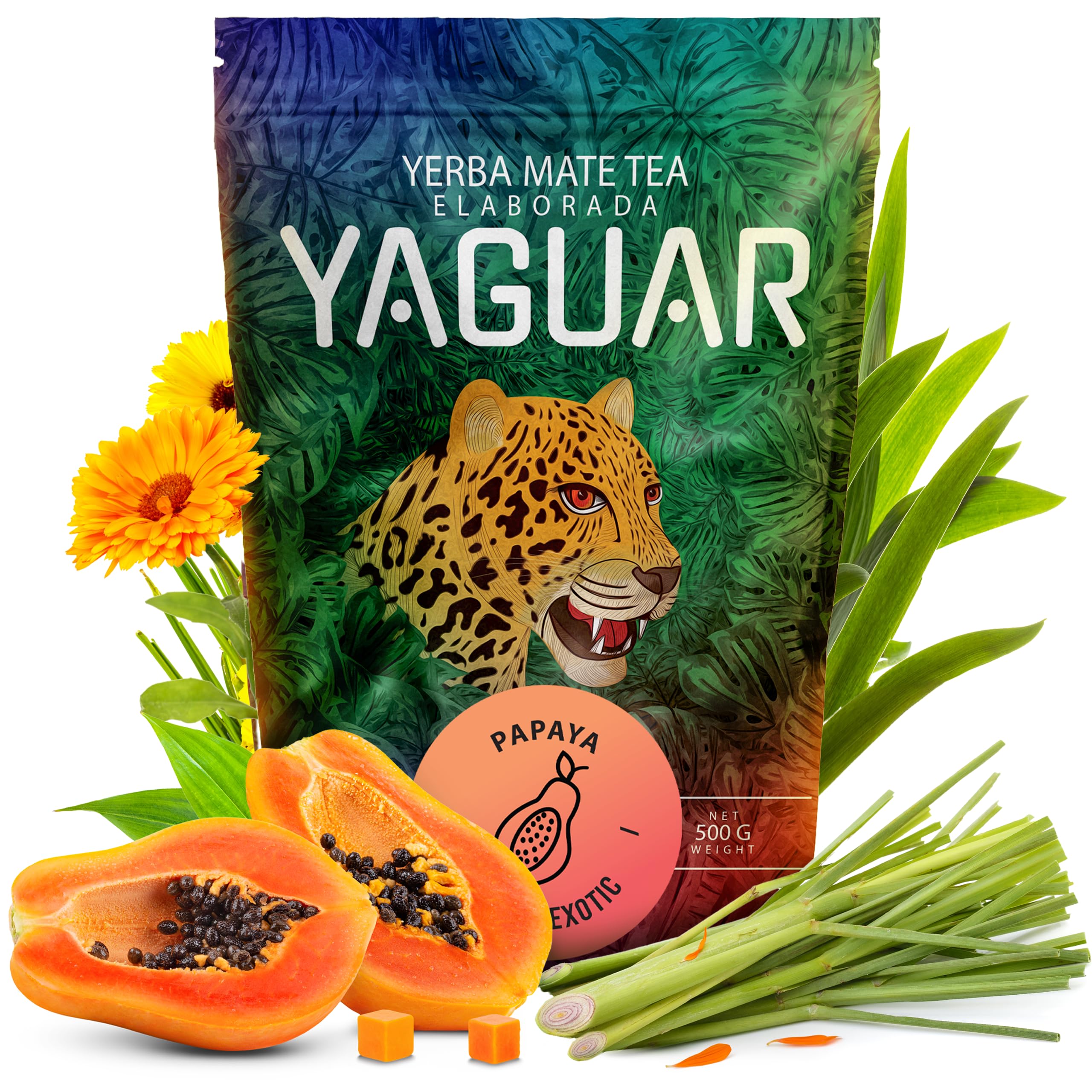 Yaguar Papaya,Yerba Maté du Brésil,500g, papaye, mangue, calendula et citronnelle, caféine naturelle, Avec vitamines, minéraux, antioxydants, Pour débutants et avancés | Infusion polyvalente chaude ou glacée
