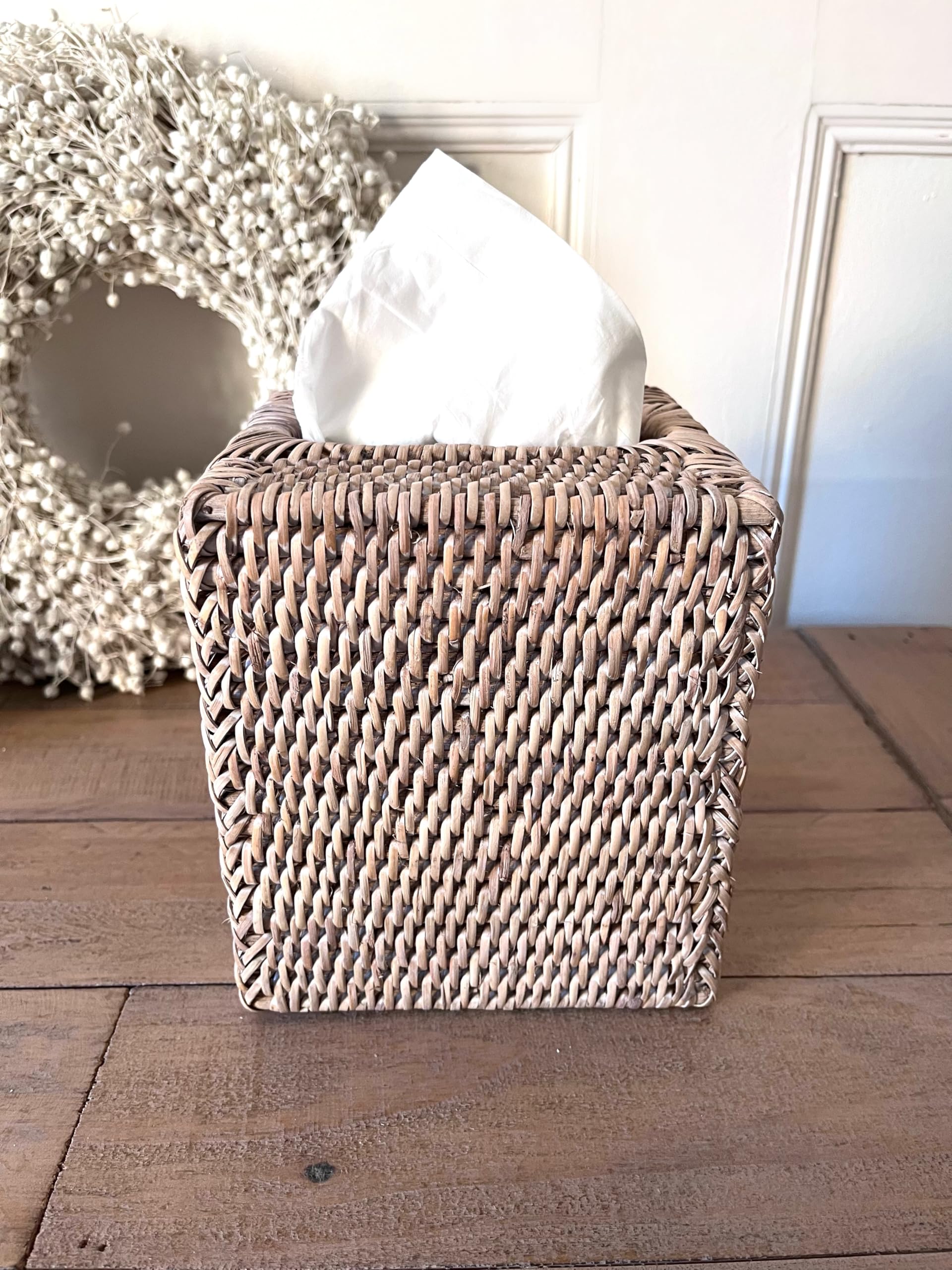 Wholesome Home White Wash Rattan Tissue Box Napkin Holder (Tissue Box Cover Square (16Cm))