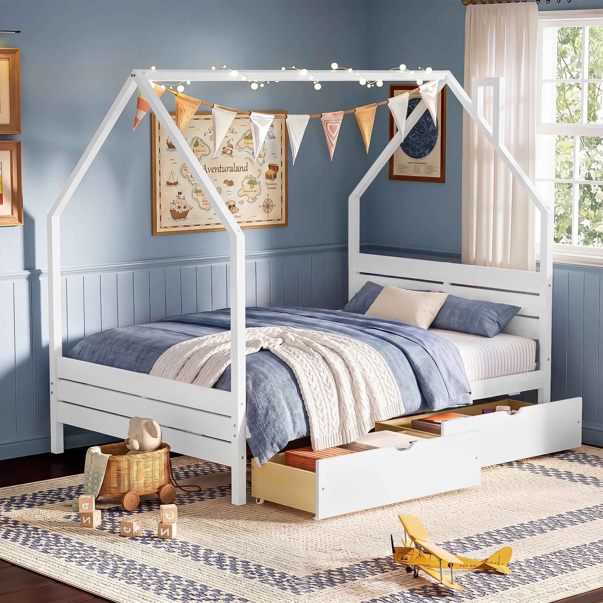 Full Size House-Shape Platform Bed with Headboard and 2 Storage Drawers, Montessori Wood Bed Frame with Roof and Chimney Design, No Box Spring Needed, Easy Assembly (White-06, Full)