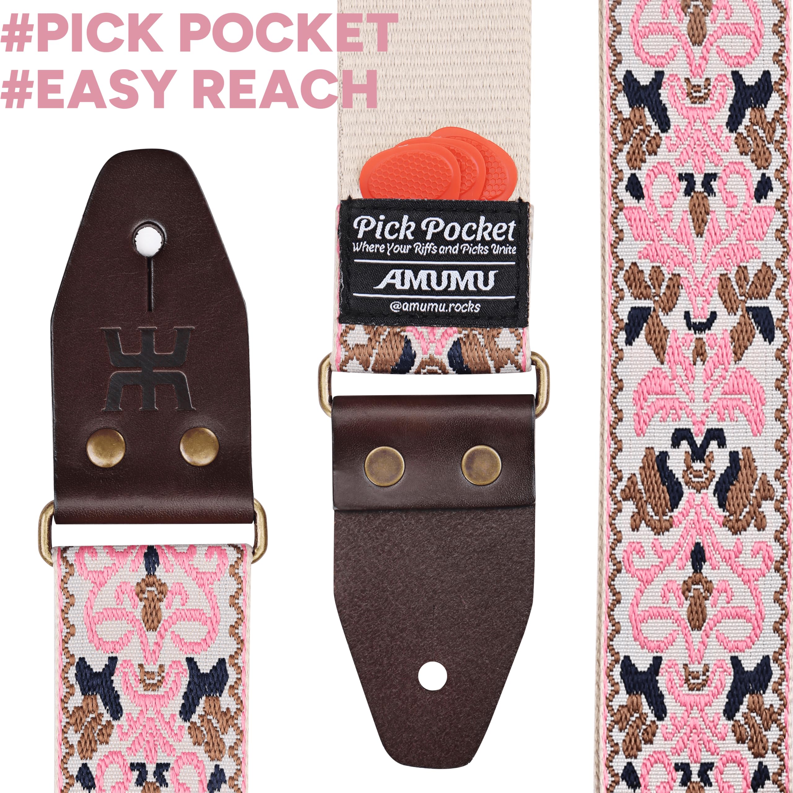 Amumu Pink Spades Heart Embroidery Guitar Strap, Vintage Style with Top Grain Cowhide Leather Ends & Pick Pocket, Fits Bass - Image 3