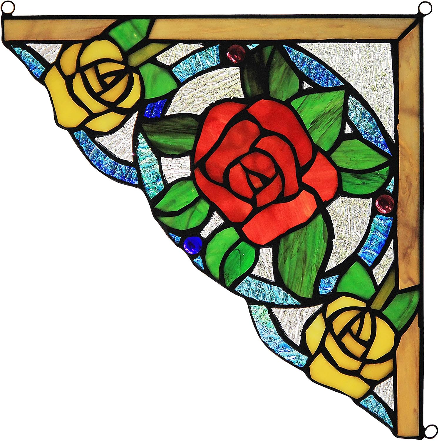 Floral Tiffany-Glass Panel Window Corner 10" Wide, 2pcs Set