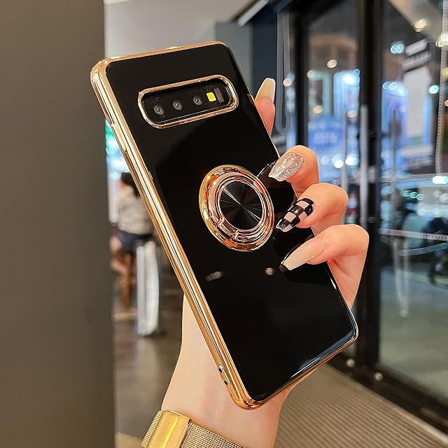 ZTOFERA Compatible with Samsung Galaxy S10 Case with 360 Degree Rotation Finger Ring Holder, Flexible Silicone Phone Case with Magnetic Metal for Car Mount Gold Edging Shockproof Cover, Black