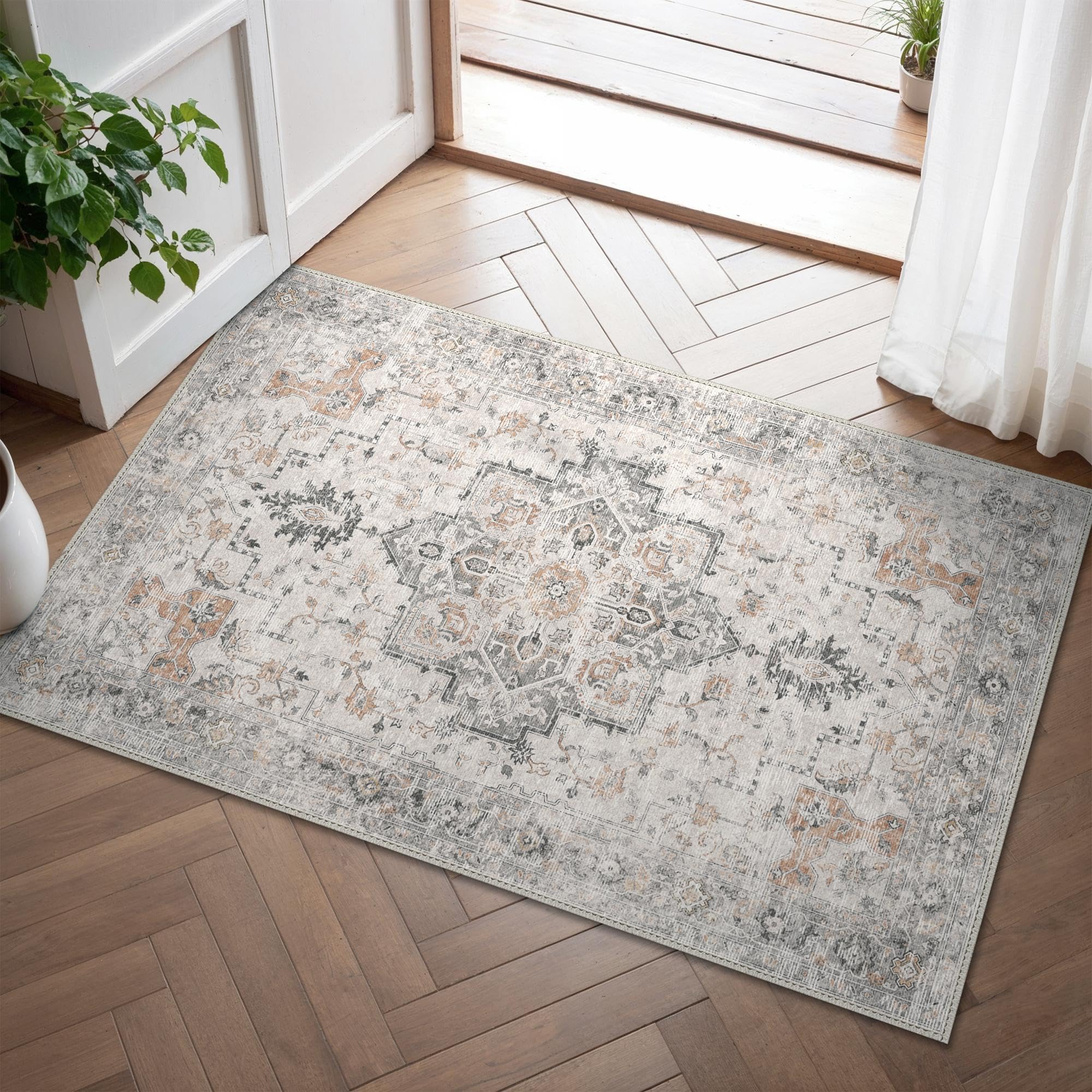 GENIMO Small Machine Washable Rugs 60x90cm, Anti-Slip Doormat, Vintage Bedside Rug, Boho Area Rugs, Low Pile, Non-Shedding, Traditional Oriental Printed Design, Entrance, Entryway, Corridor