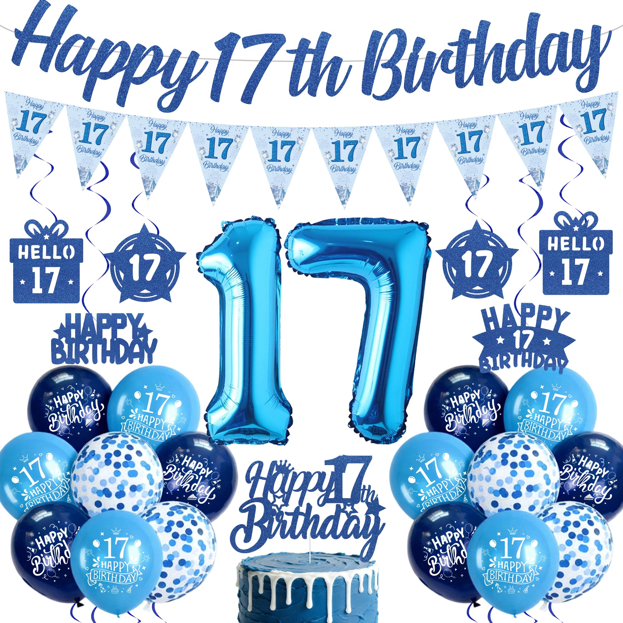 17th Birthday Decorations for Boys, Blue 17 Years Old Party Supplies