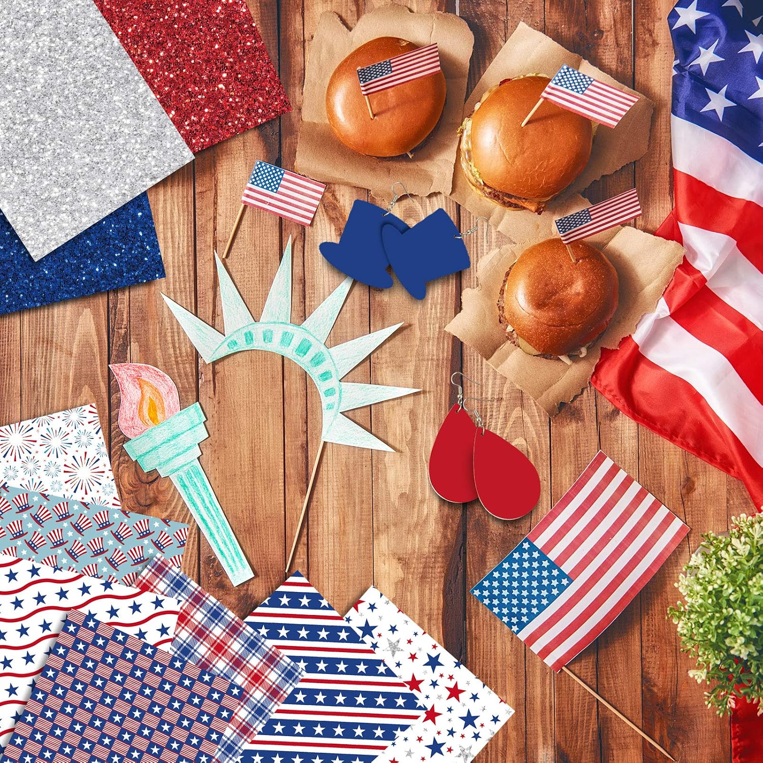 Whaline 4th of July Faux Leather Sheets 8 x 12 Inch Patriotic Synthetic Leather Fabric Glitter Red Blue Star Stripe National Flag Faux Leathers for 250th Anniversary Independence Day DIY Craft, 12 Pcs