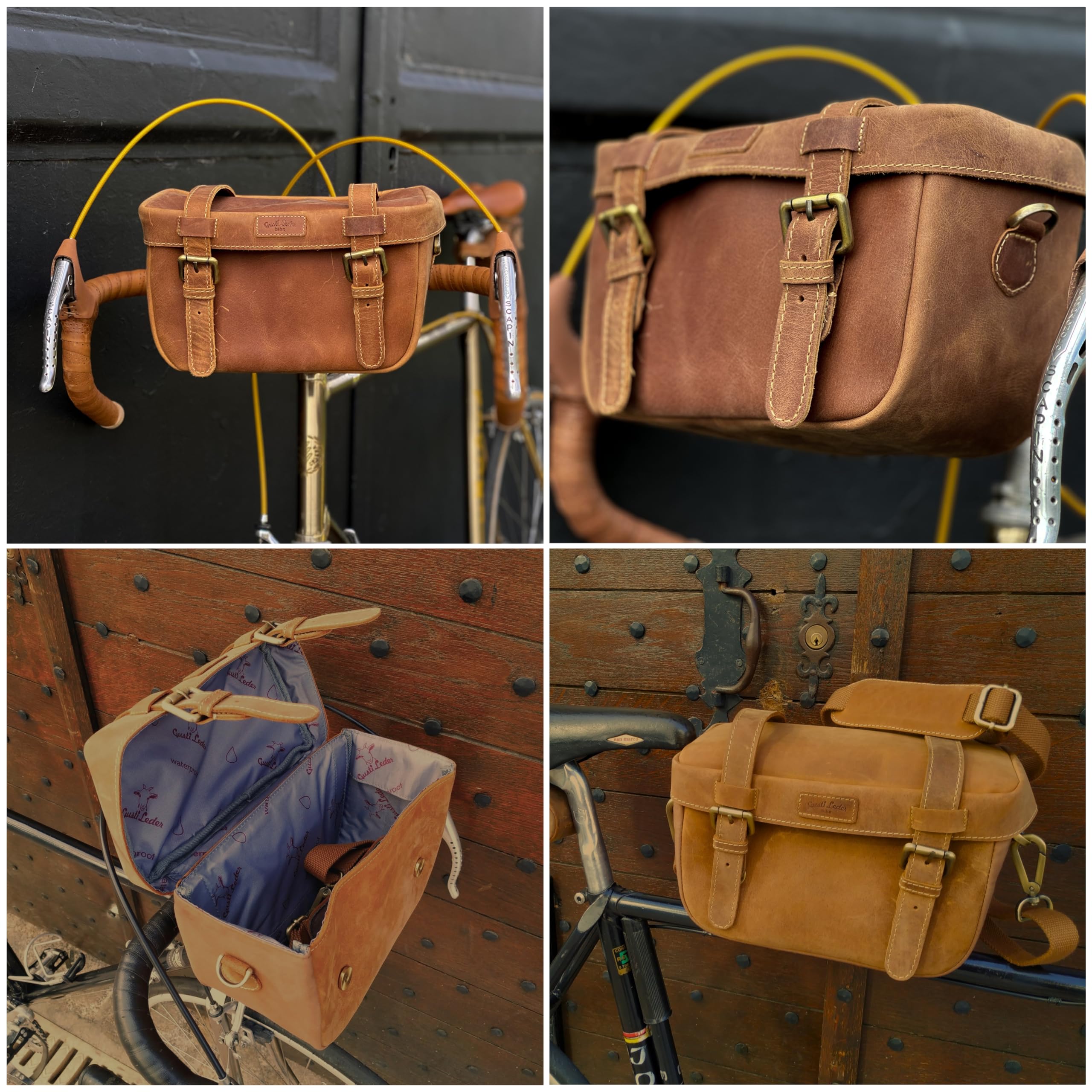 Gusti Borsa da Manubrio in Pelle - Rene P. Accessori Borsa da Bicicletta con Adattatore Klickfix Marrone