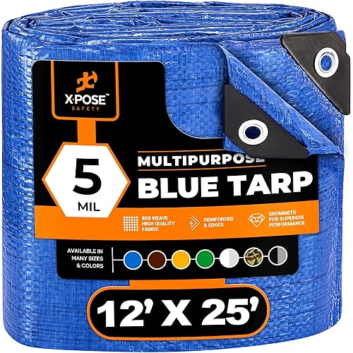 Better Blue Poly Tarp 12' x 25' - Multipurpose Protective Cover - Lightweight, Durable, Waterproof, Weather Proof - 5 Mil Thick Polyethylene - by Xpose Safety