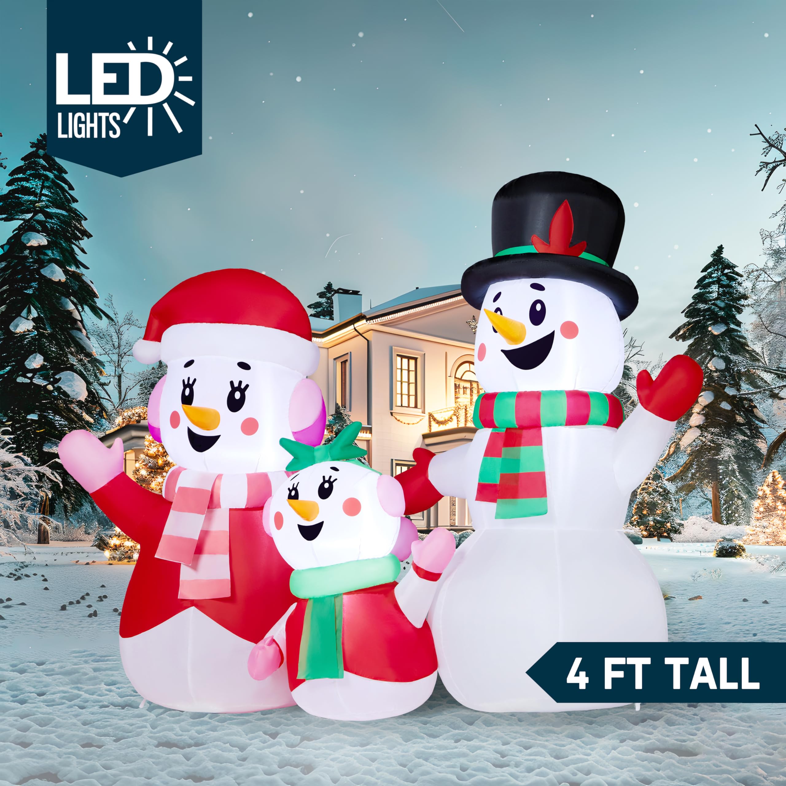 JOYIN Bonhomme de neige gonflable de 1,2 m - Décorations d'extérieur - Famille de bonhomme de neige gonflable avec LED intégrées - Décoration de Noël pour fête de Noël, cour, jardin, pelouse