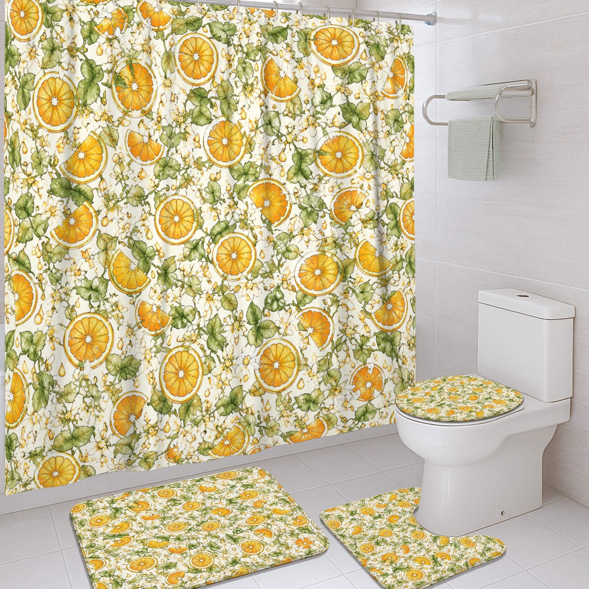 Rideau de douche anti-eclaboussures orange avec tapis de bain et crochets