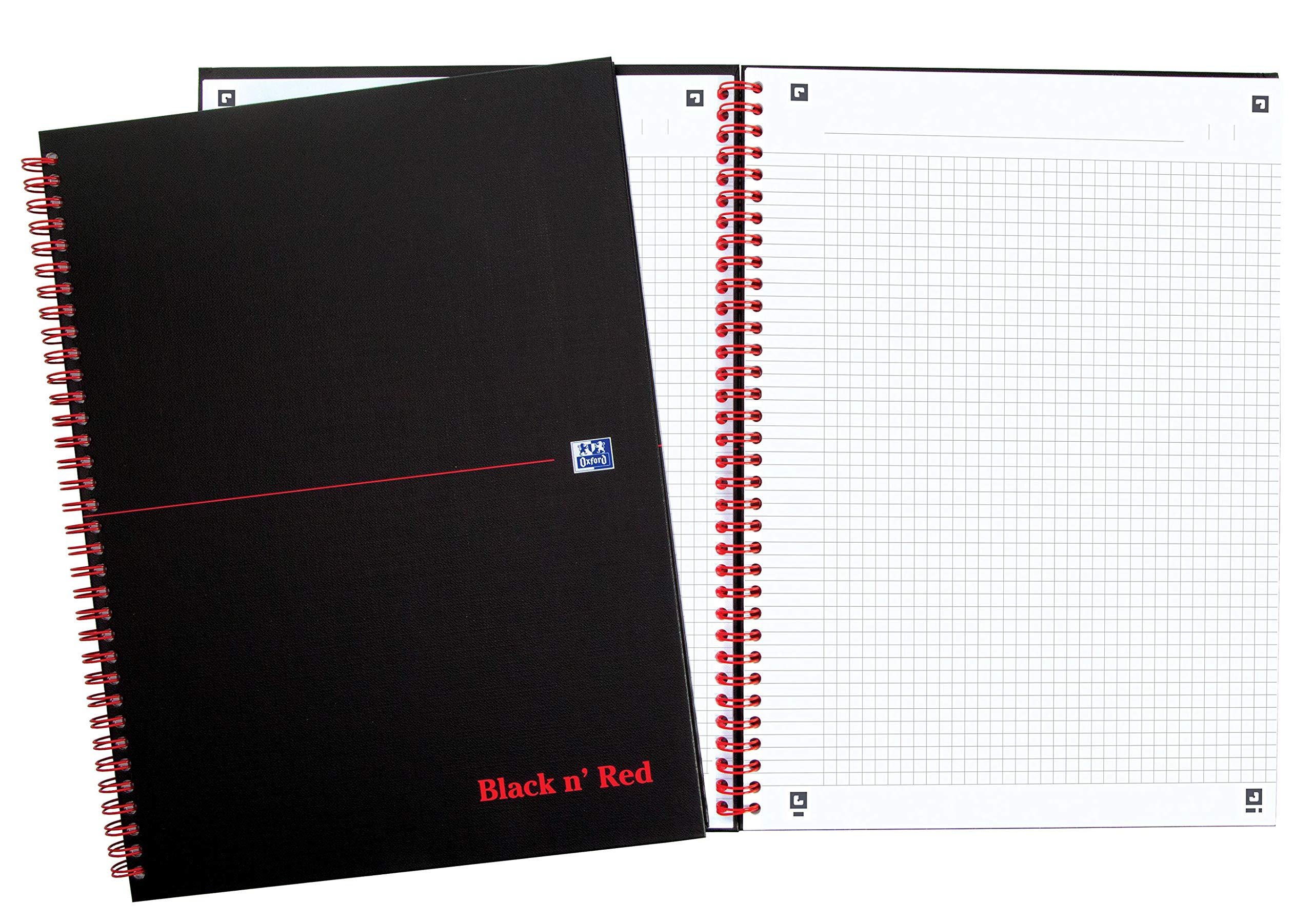 Oxford Black n' Red 400047609 - Cuaderno de espiral, 5 unidades, DIN A4, cuadriculado, tapa dura mate, 70 hojas, color negro y rojo