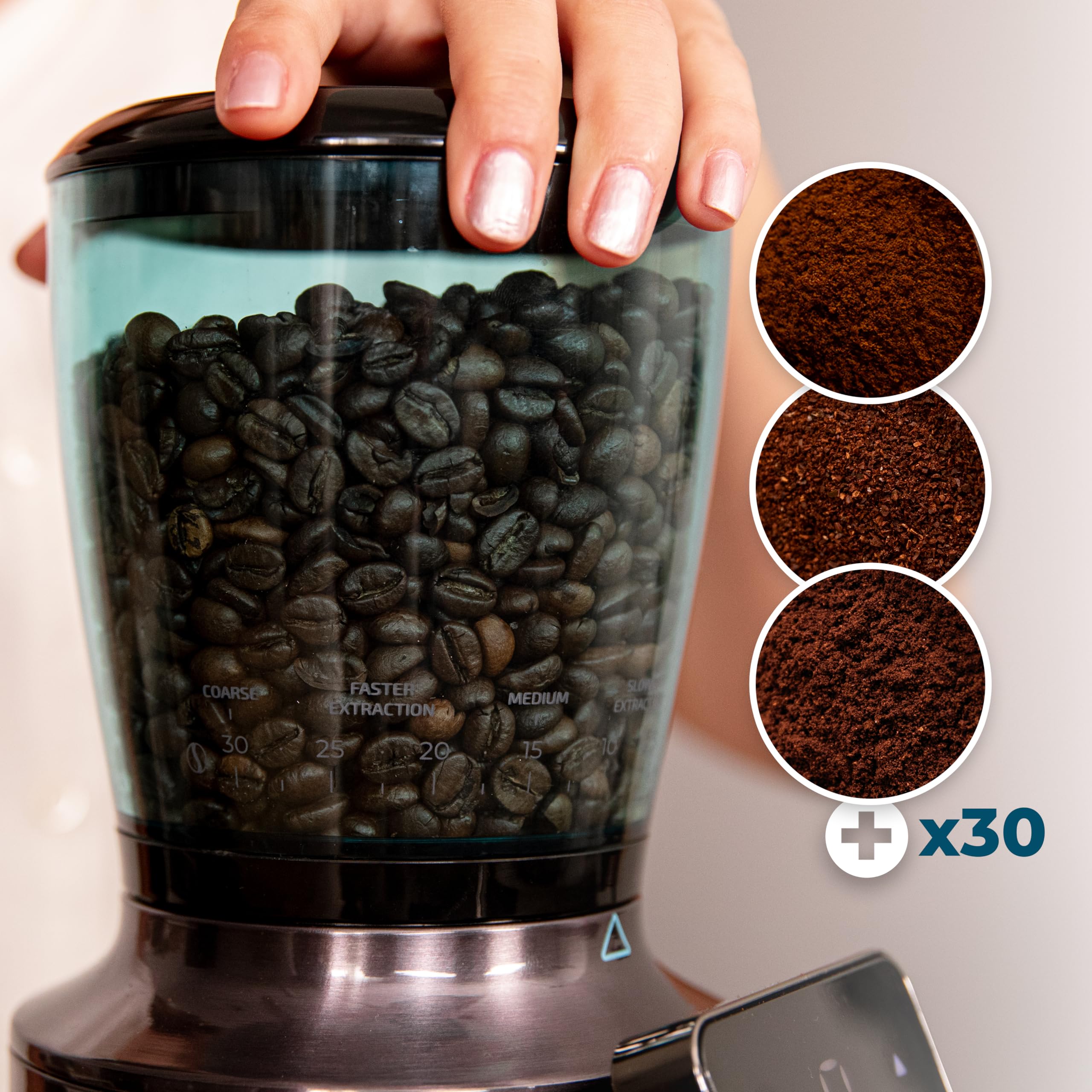 Cecotec - Moulin à Café Électrique SteelMill Touch - 200W, Acier Inoxydable, Écran Tactile et 30 Niveaux de Mouture, Récipient à Grains de 300gr avec Couvercle et 200gr de Café en Poudre