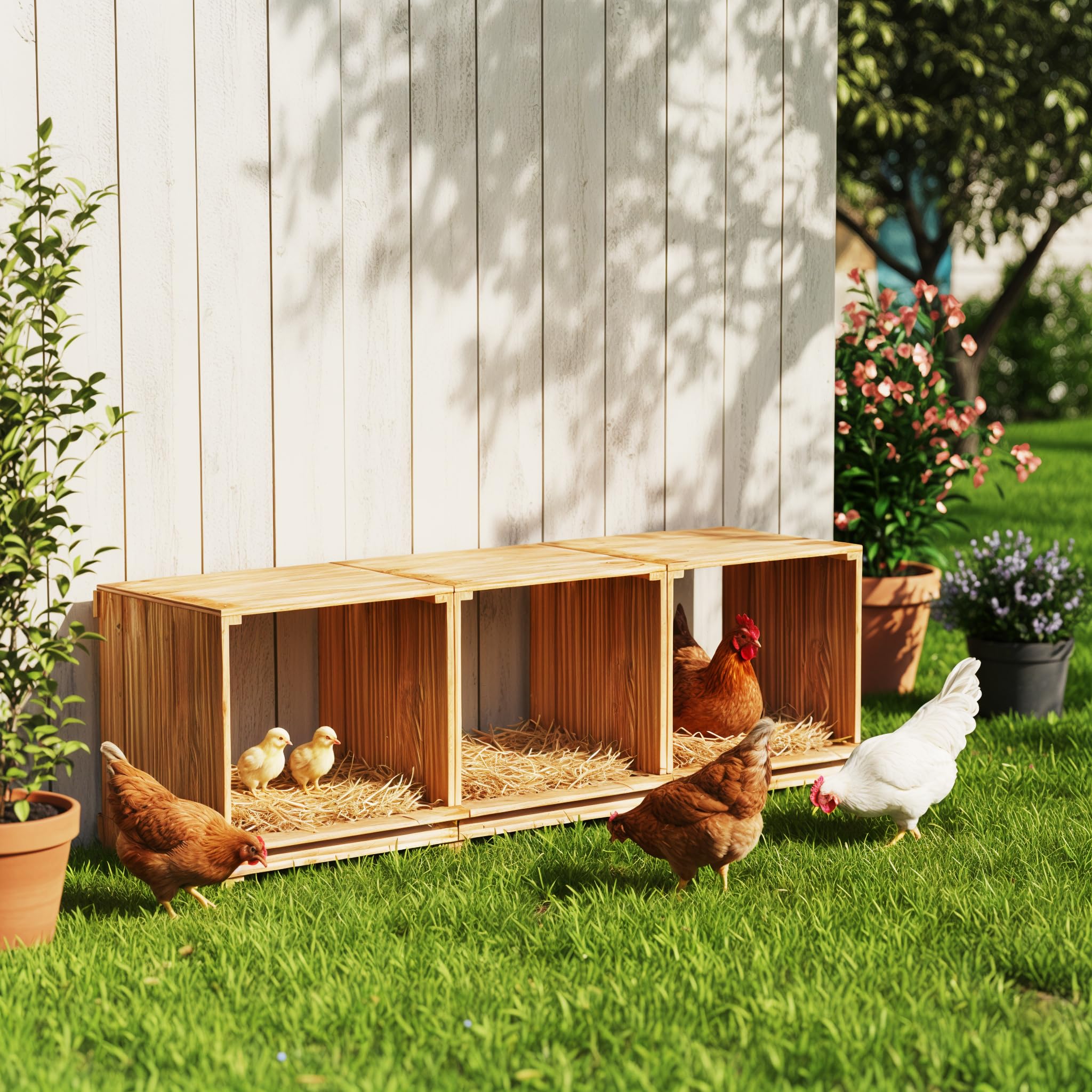 BingoPaw Ponederos para Gallinas de Pino 105x30x36cm, Gallinero para Exterior 3 Gallinas hasta 3.5 Kilos, Gallinero Madera Impermeable Resistente a la Humedad Duradero, Nidal de 3 Huecos