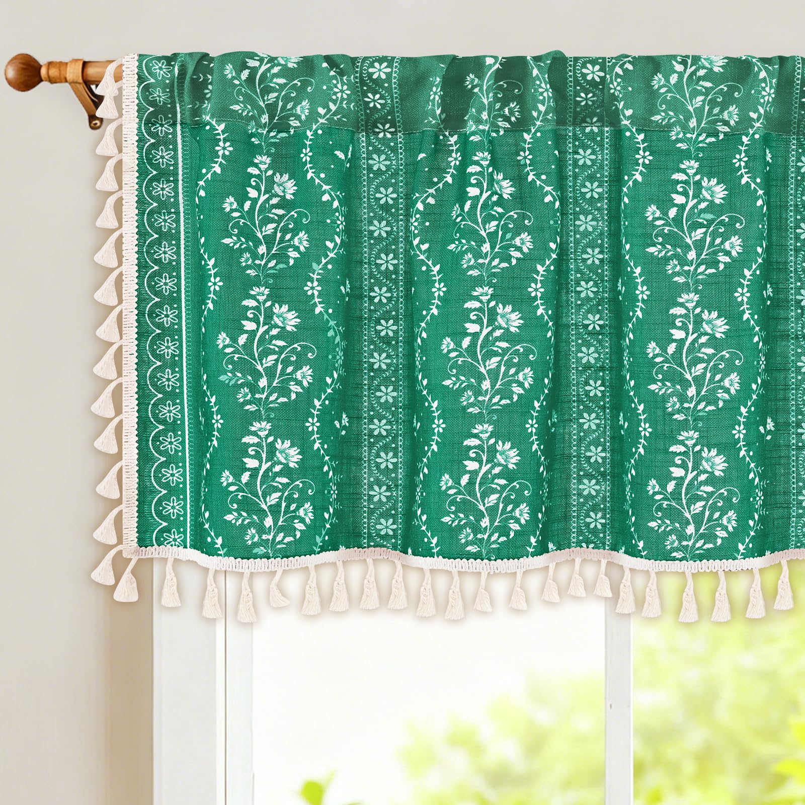 Yinhua Boho Valance Curtains Vintage Linen Teal Kitchen Valances for Windows Light Filtering Bohemian Floral Valance Rod Pocket Farmhouse Tassel Window Valances for Bathroom Cafe, 52" W X 18" L