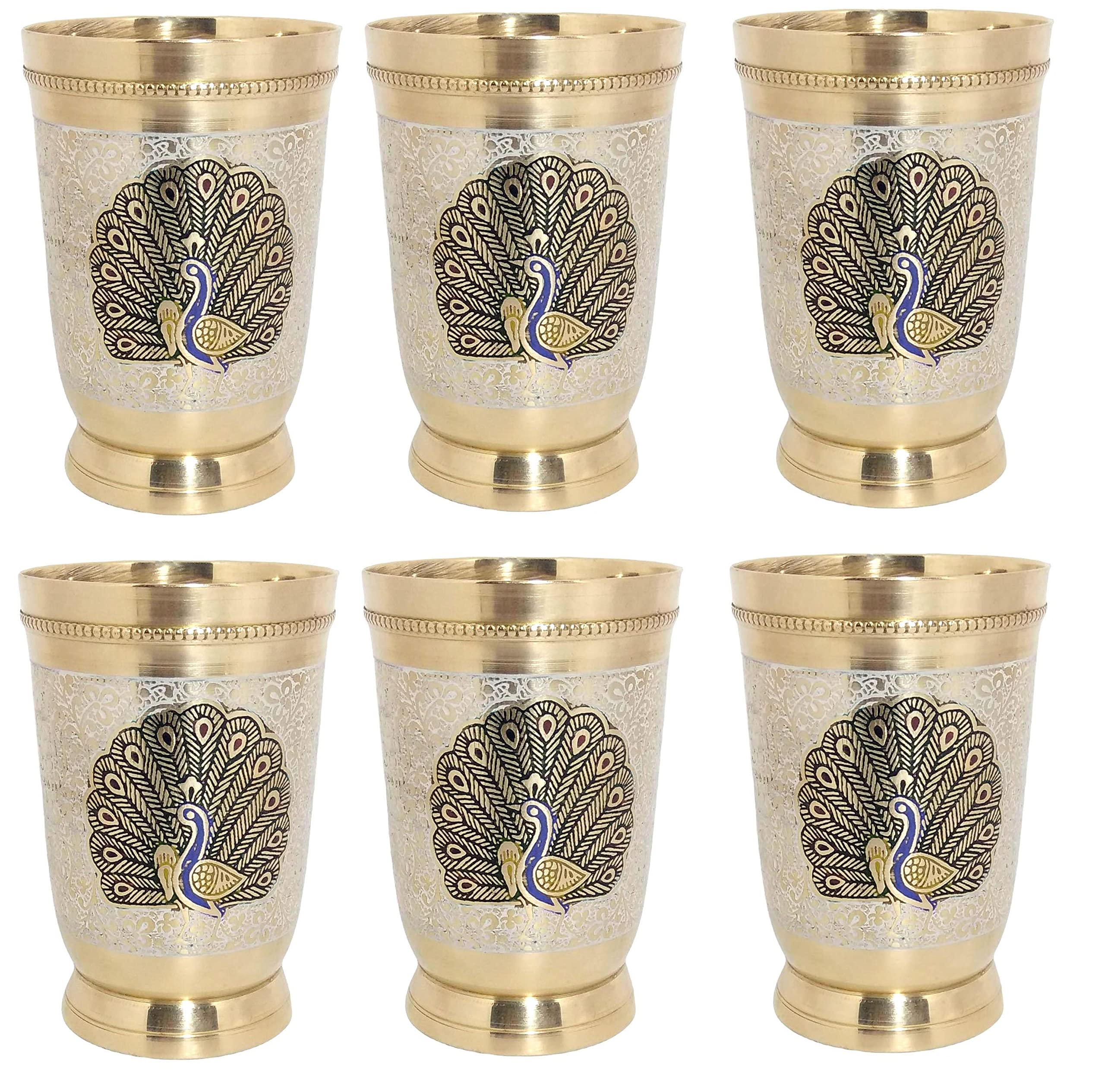 Brass Glass Peacock Design Glass for Serving Water Drinkware Big Size Water Glass Volume-250 ML Each - Set