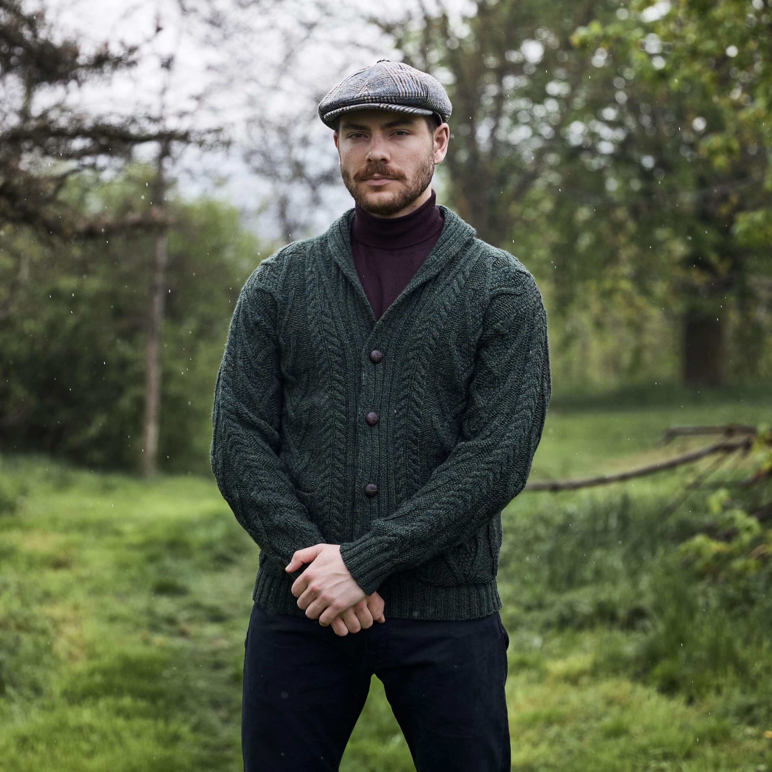 SAOL 100% wełna merino męski Aran Cable Knit szal kołnierz casual irlandzki kardigan z guzikami i kieszeniami