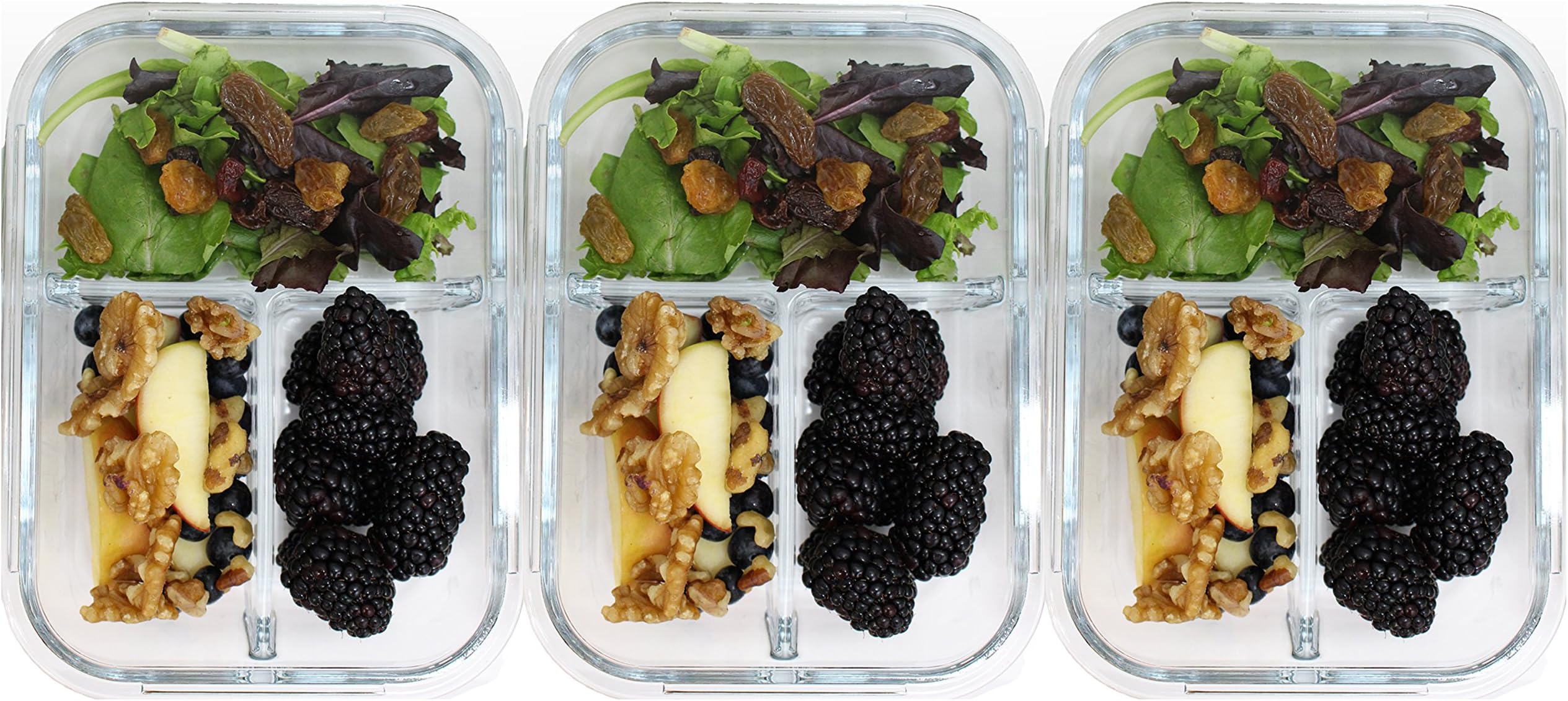 Glass Meal Prep Containers with 3 Compartment - Food Storage Container Set with Airtight Snap Locking Lids with Cutlery Compartment - Portion Control - 3-Pack