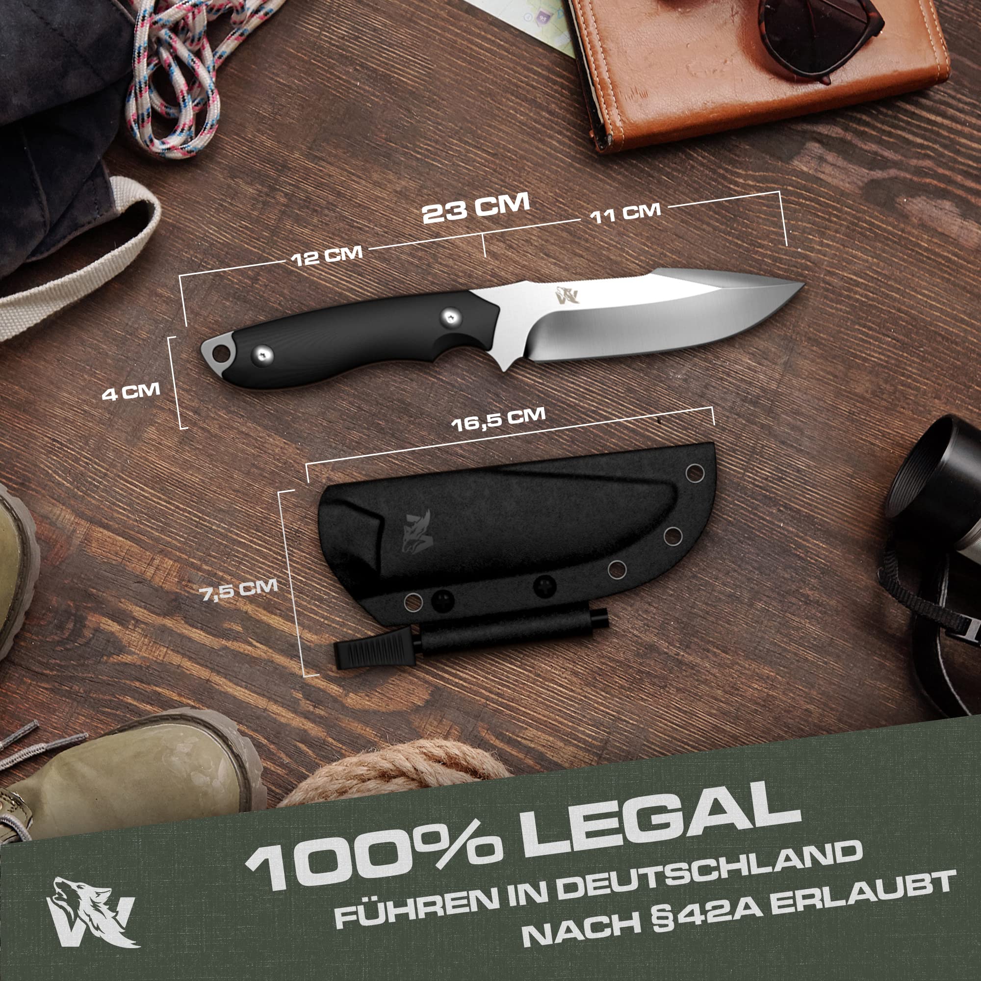 Wolfgangs Outdoor, coltello con fondina Kydex, realizzato in un unico pezzo in acciaio D2, con allarme antincendio e fischietto di emergenza incluso