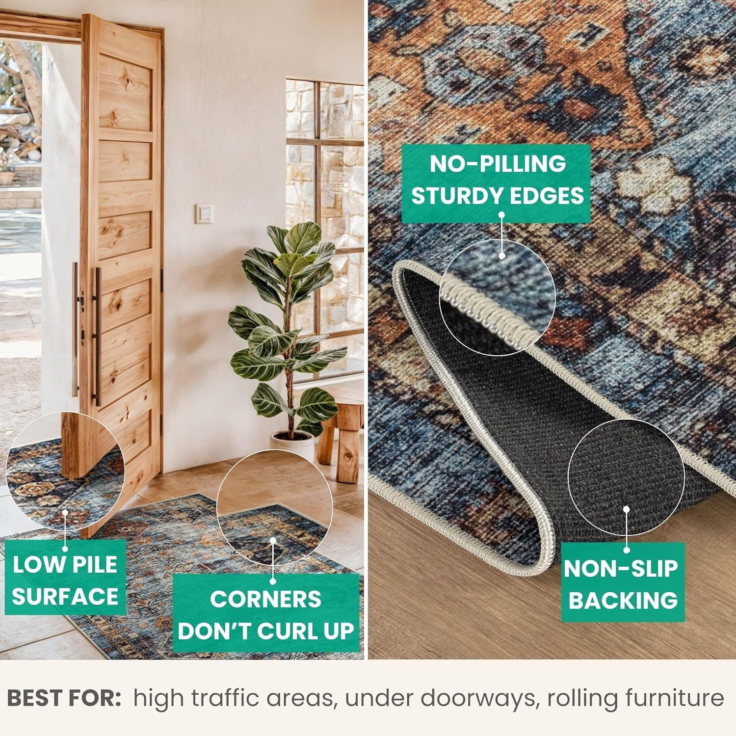 Bloom Rugs Washable Non-Slip 2' x 3' Rug - Blue/Orange Traditional Bordered Area Rug for Living Room, Bedroom, Dining Room, and Kitchen - Exact Size: 2' x 3'