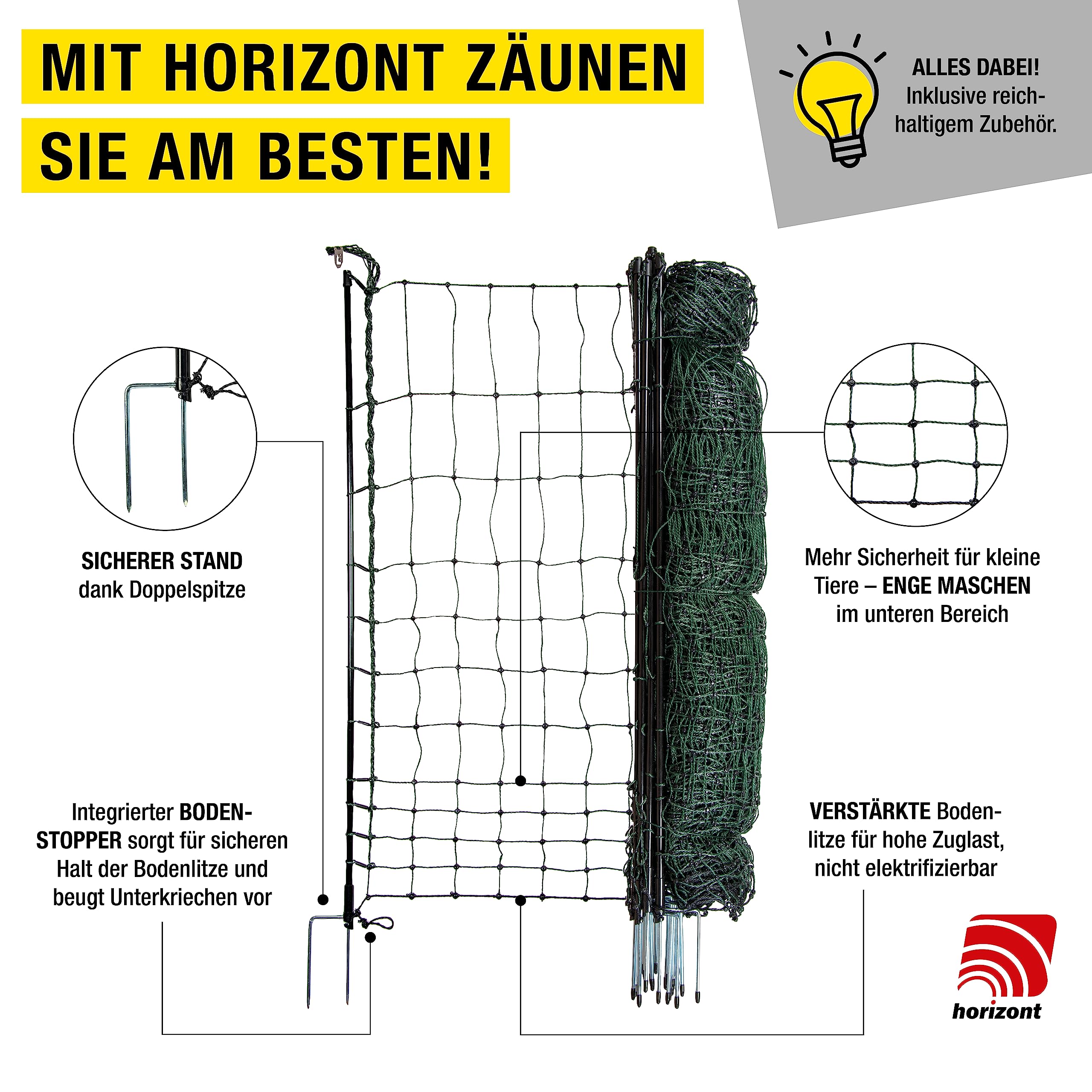 horizont recinto per pollame Strong Line 110, 15 pali in fibra di vetro a doppia punta lunghi 50 m, alti 110 cm, tutti senza elettricità, recinto mobile per polli