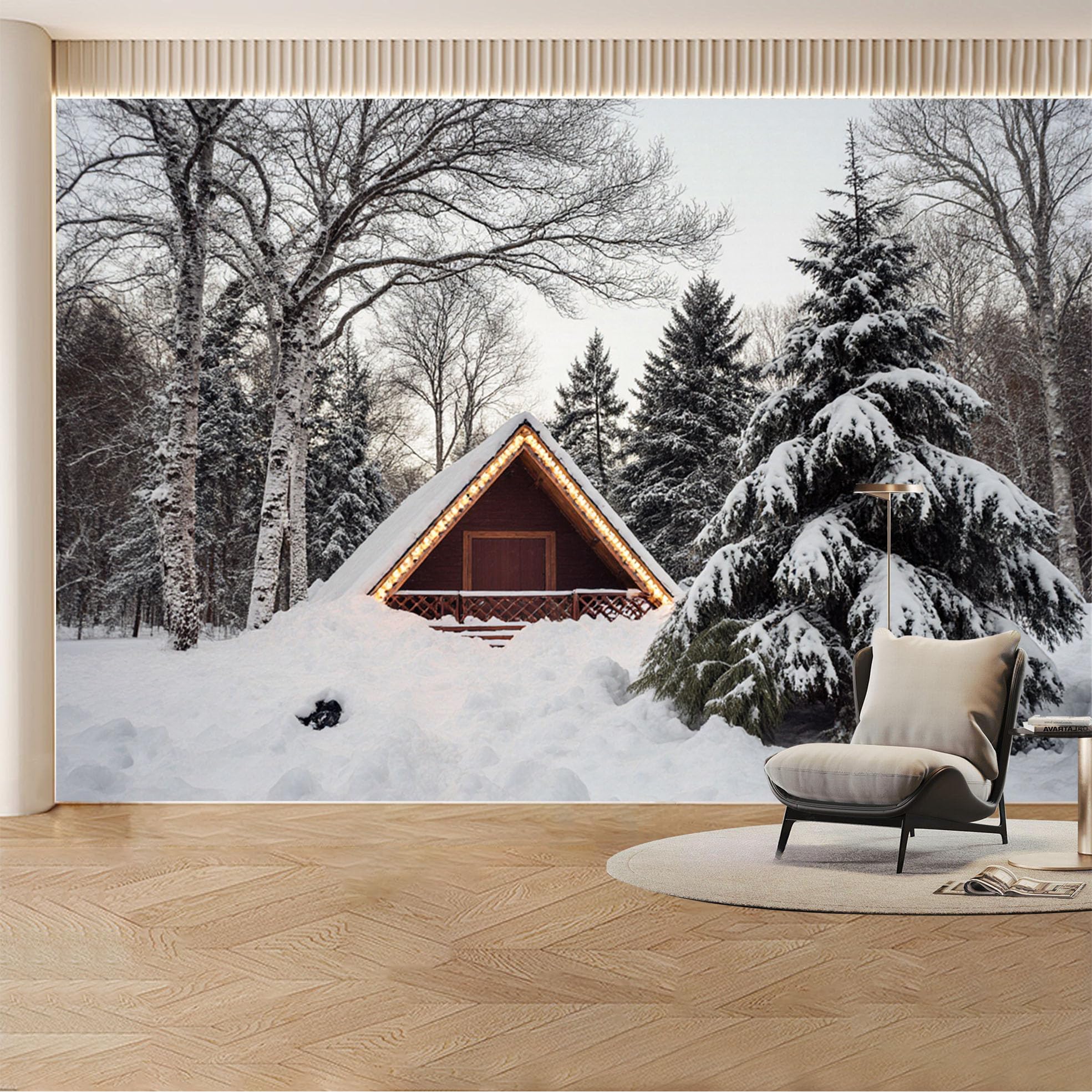 Custom Wall Mural Wallpaper Snowy Cabin Forest Landscape 3D Effect Wall Decor Large Wall Art Cozy Nordic for Living Room， Bedroom， Office