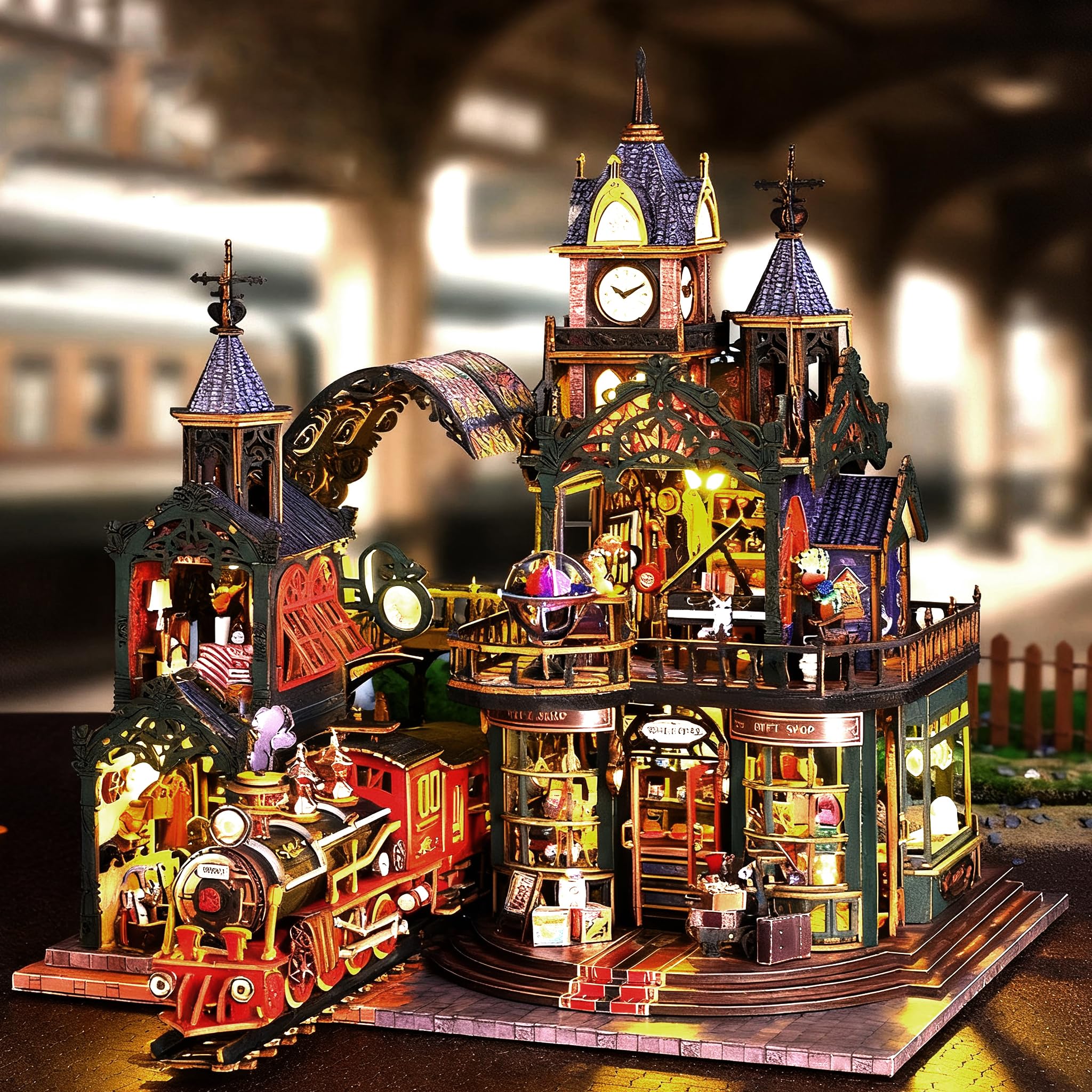 Miniature House Kit for Adult,Mini House Building Kit with Steam Train, DIY Miniature Kit for Adults, Wooden Mini Dollhouse Kit for Birthday Christmas，Rail Track Train City