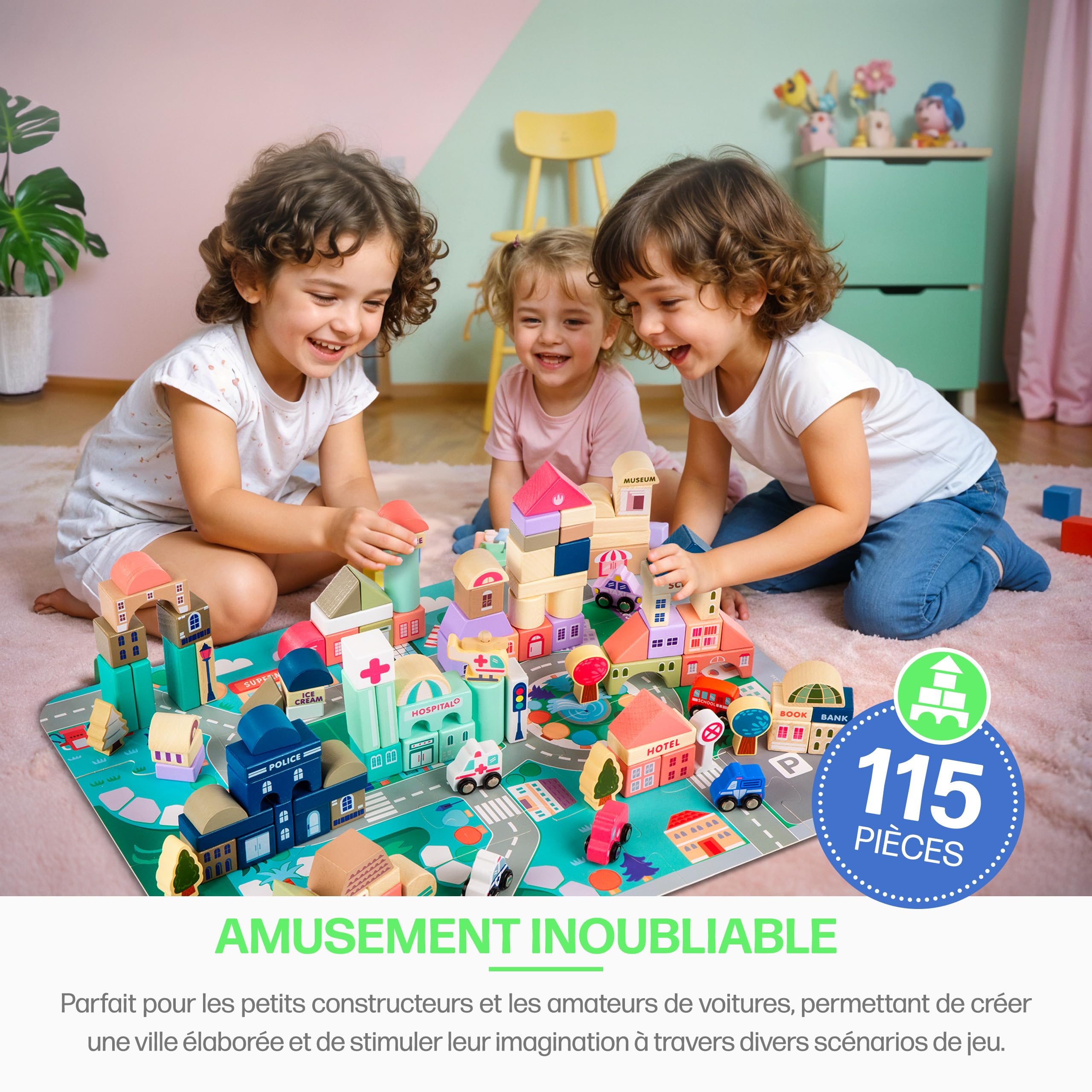 Kinderplay Green Series 115 Elements Jeux de Construction 2 Ans | Cubes en Bois pour Jouer - Bloc de Construction Bois | Jeu Route | Ville | Jeu de Construction | Jeux Construction, KP8464