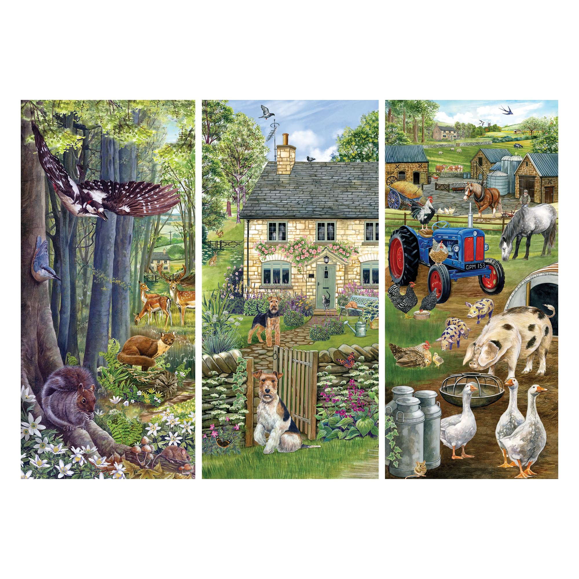 Jumbo -Falcon de Luxe Woodland Farm 1000-Piece Jigsaw Puzzle-Fiona Osbaldstone Illustration -Picturesque Triptych of Woodland Animals -Premium Recycled Board-Poster-Like Finish-Eco-Friendly Packaging - Image 2
