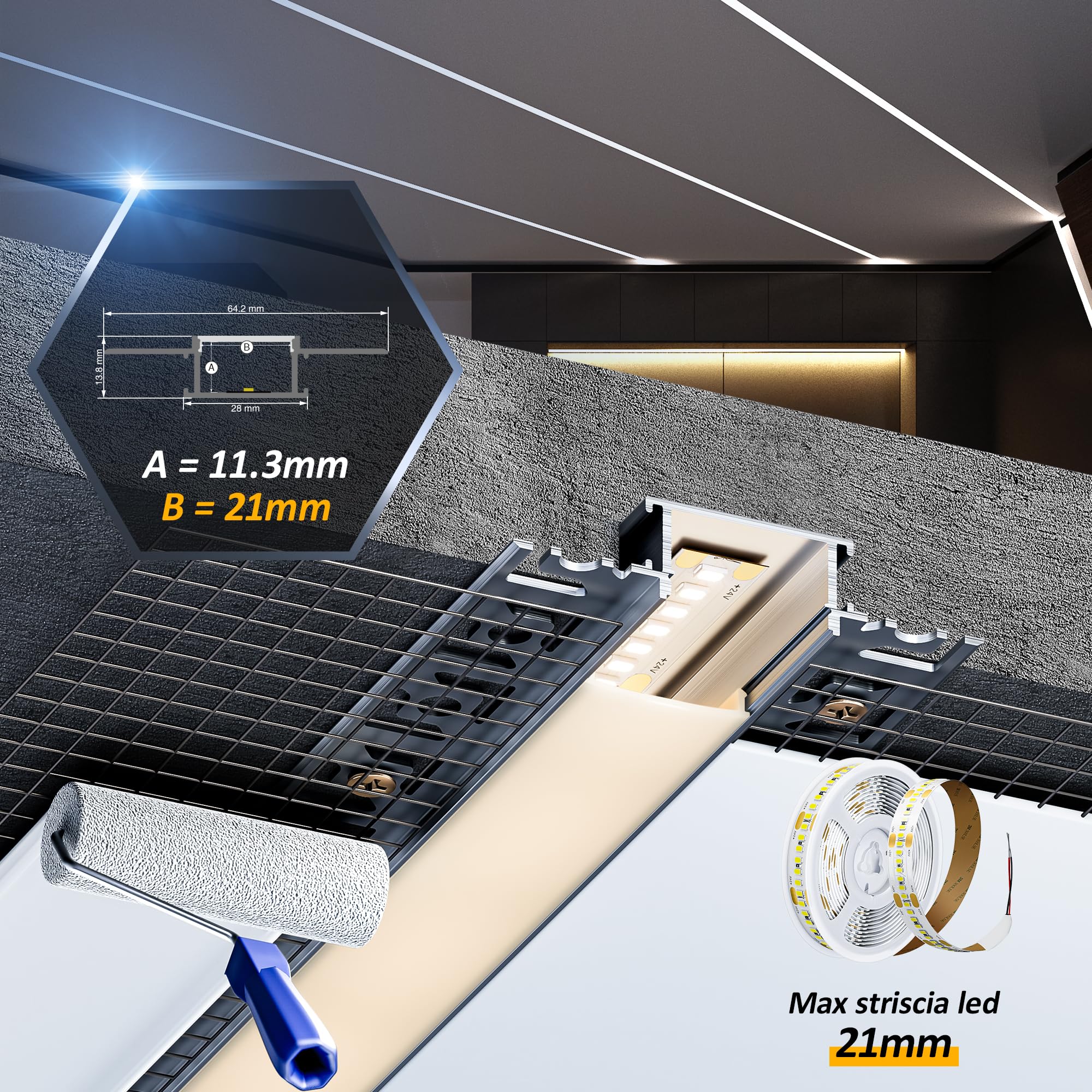 10 x LED profilo in alluminio per cartongesso, 2 m (20 m) con diffusore semitrasparente per strisce LED fino a 20 mm, dimensioni: 64,2 x 13,8 mm