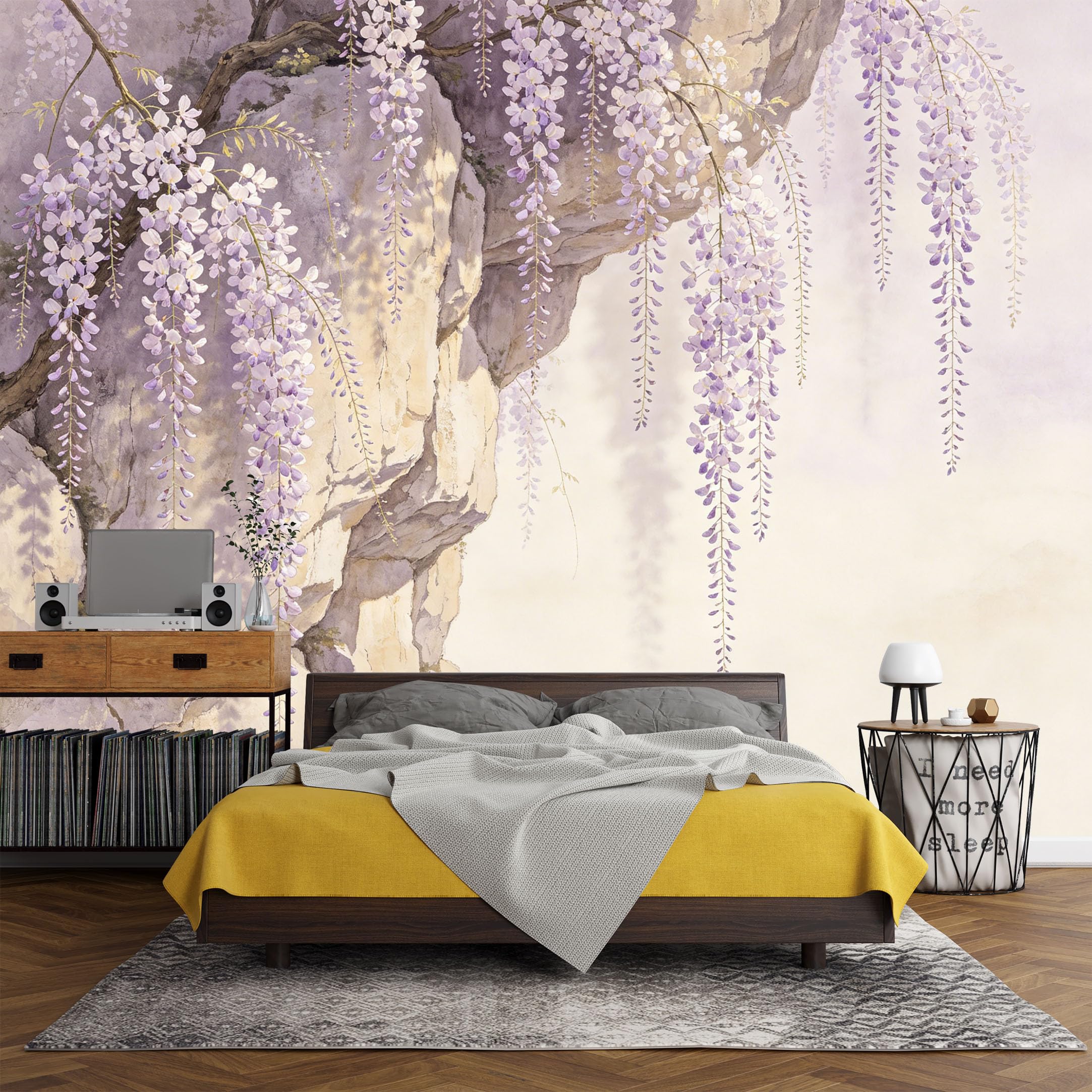 Custom Size Wall Mural， Botanical Wisteria Flower Cliff Watercolor Art， SelfAdhesive Art Prints wall Fabric (No PVC) Removable Wallpaper Living Room Decor