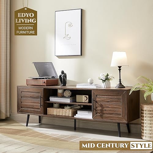 Miniatura 3 de EDYO LIVING Soporte de TV moderno de mediados de siglo para TV de 65 pulgadas, soporte de TV de madera con armario de almacenamiento y estante