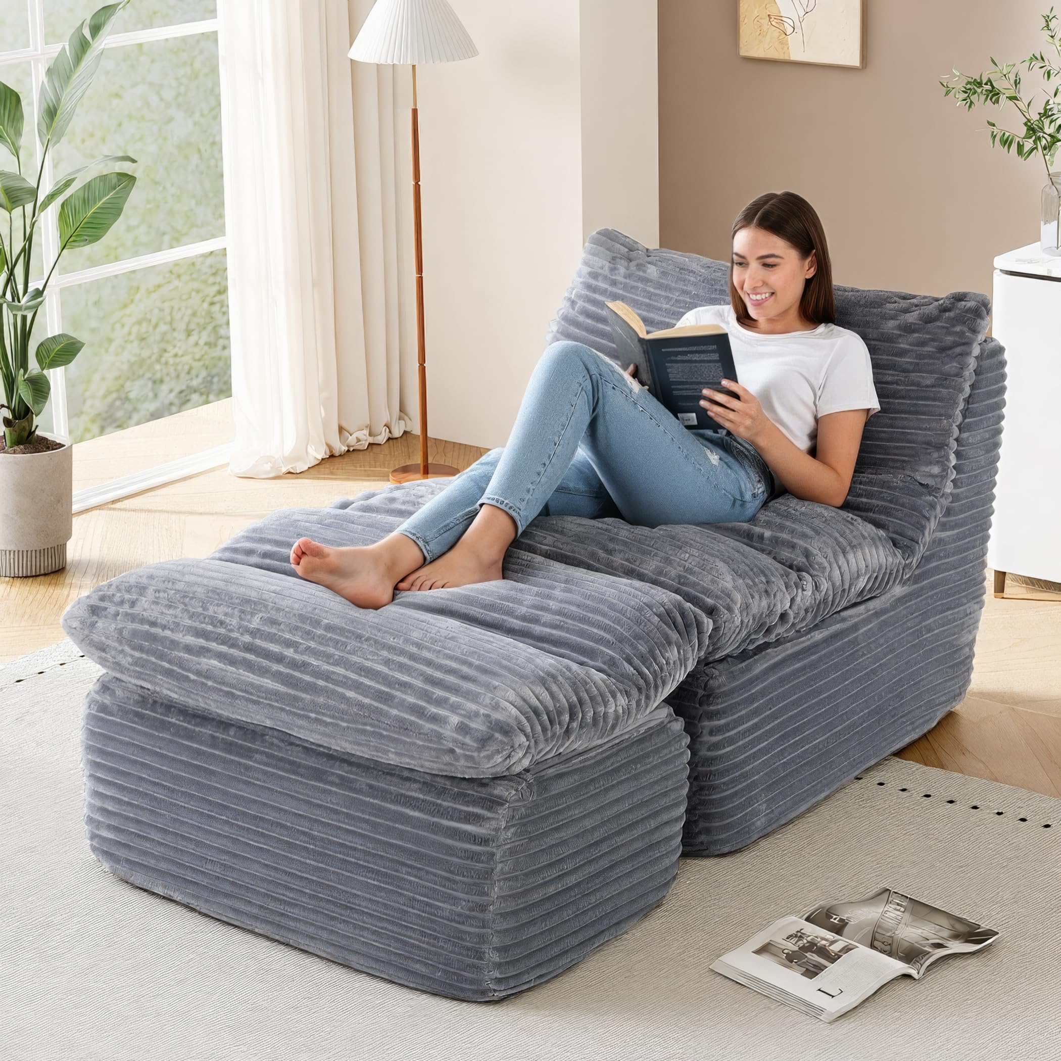 COLAMY Bean Bag Chair with Ottoman, No-Assembly-Required Lazy Floor Sofa Bed, Comfy Back Support Chaise Lounge Chair, Single Sofa Chair for Living Room Bedroom Office Apartment, Grey
