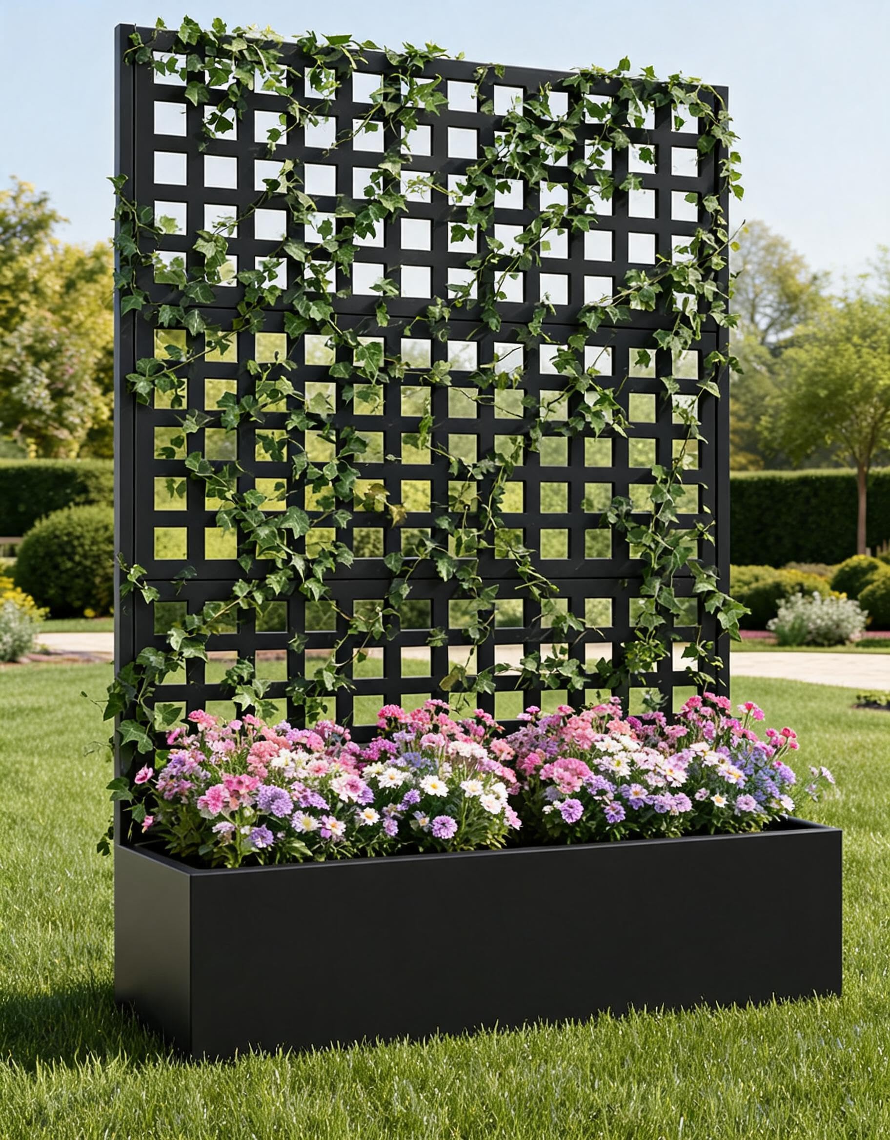 Pflanzkasten Mit Sichtschutz, Metall Blumenkasten Mit Spalier, Hochbeet Mit Rankgitter & Rollen & Drainageloch, Pflanzkübel Hoch 183x119x45cm Für Garten, Balkon Und Terrasse, Schwarz-A