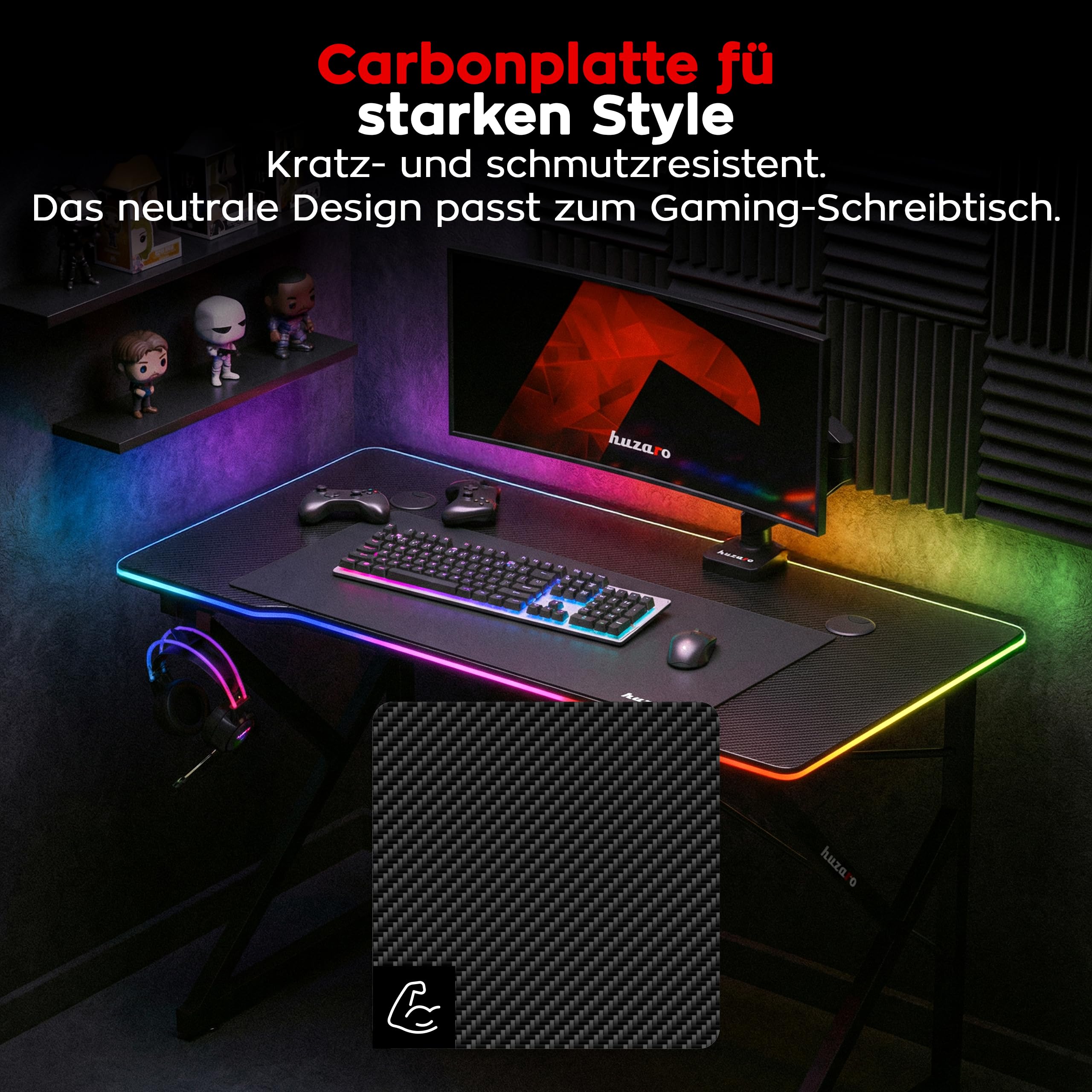 huzaro Hero 1.7 RGB Black, biurko gamingowe z oświetleniem LED, stolik pod komputer, 120 x 60 cm, hak na słuchawki, uchwyt na napoje, powierzchnia z włókna węglowego, przepust kablowy, metalowa