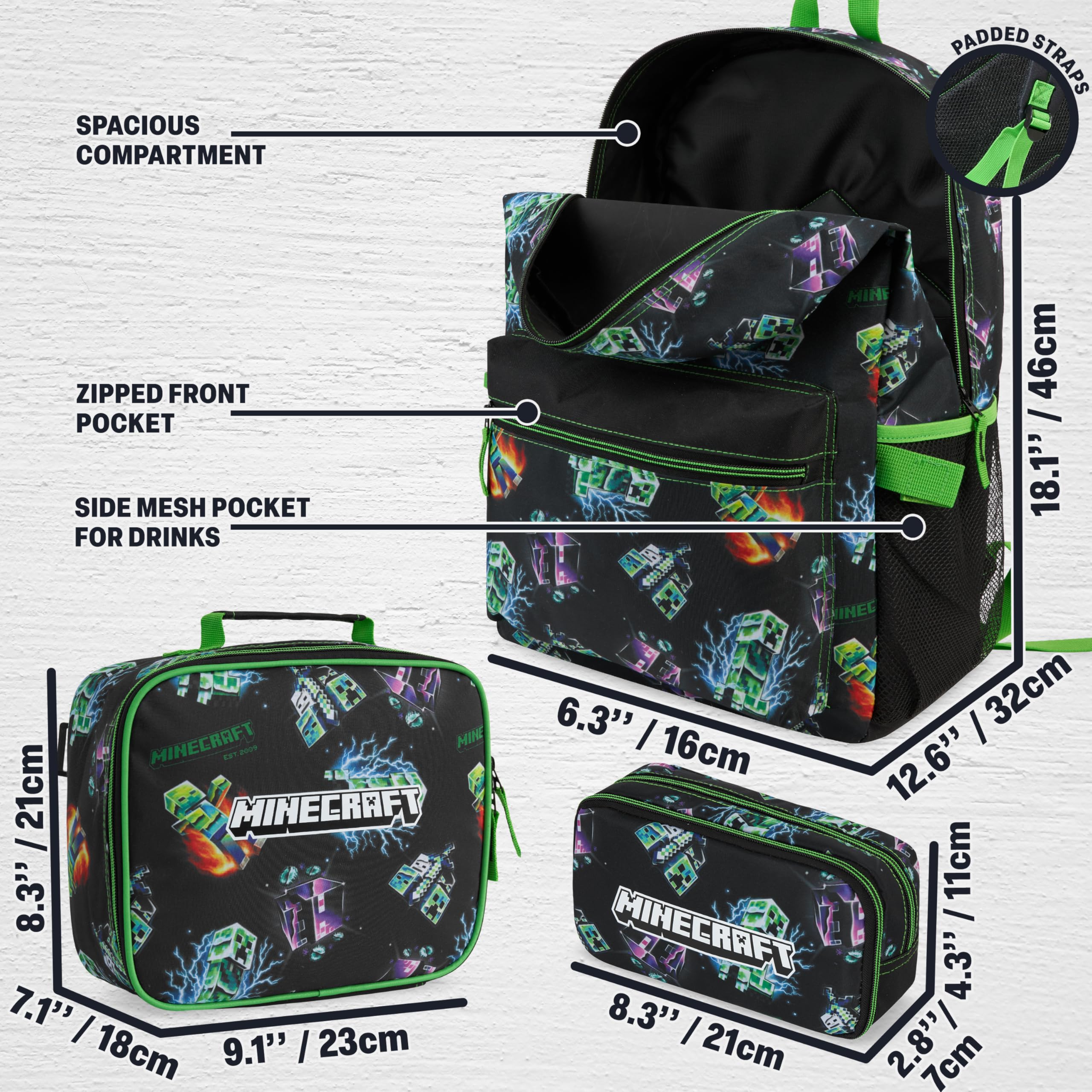 Minecraft Mochila Niños Set 3 Piezas Estuche Escolar Bolsa Almuerzo Mochila Completa Colegio Ocio Regalo Niños Multi Creeper
