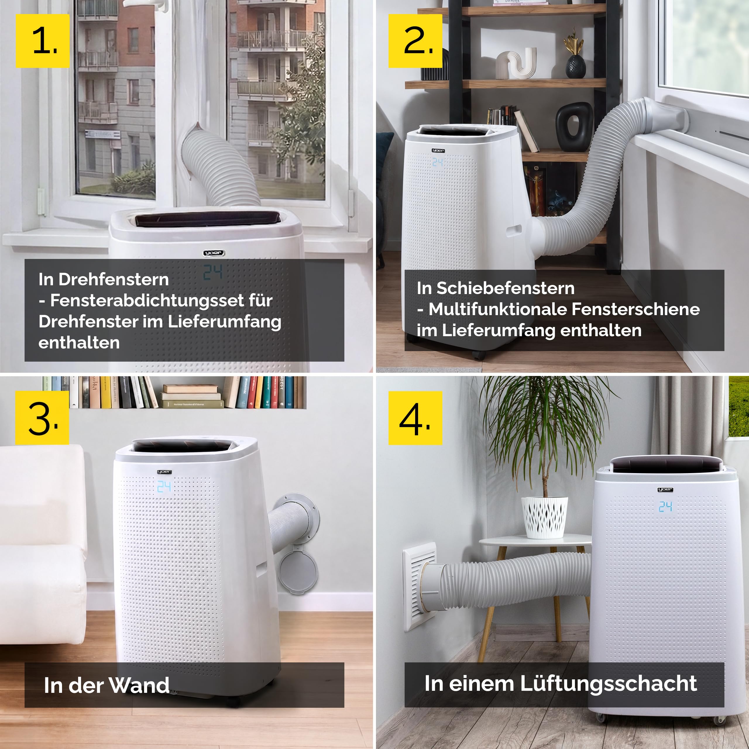 Yoer Mobile Klimaanlage, 16000 BTU, 4,7kW, 54 dB leise, 4-in-1 Kühlen Heizen Entfeuchten und Lüften, Raumgröße bis 75 m², WLAN, Fernbedienung, Arctico Pro PAC02W, weiß