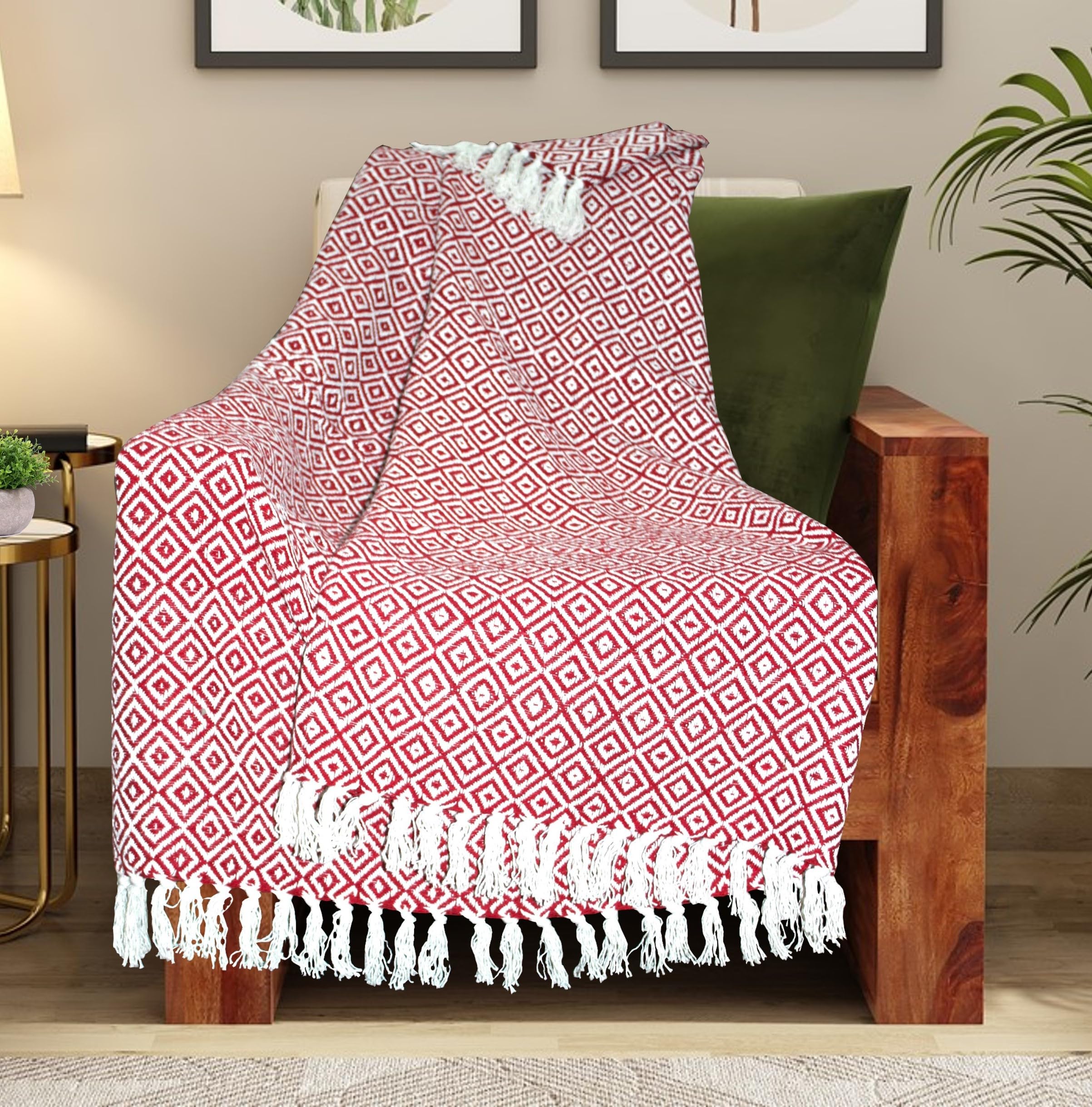 The Furnishers Reversible Argyle 78x60 Inche Pattern Woven Cotton Throw | Blanket Living Room, Bedroom, Sofa, Couch, Bed & Chair - Red & White, Size - 200x150 CM (B0CBVZ55BF) Amazon Price History, Amazon Price Tracker
