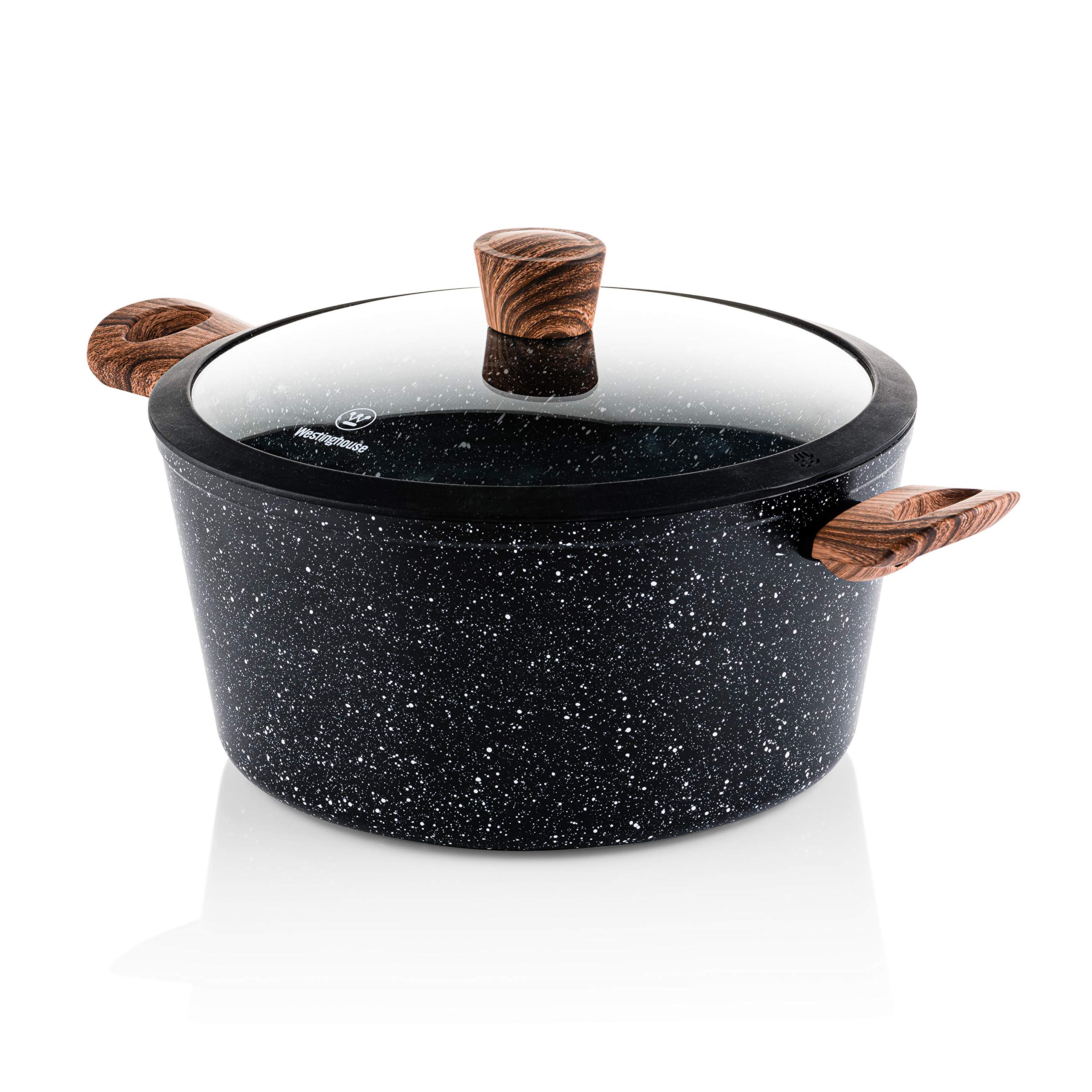 Westinghouse Pentola da 28 cm con coperchio in vetro, rivestimento antiaderente in marmo a 3 strati, in alluminio forgiato, manici rivettati con rivestimento in silicone effetto legno, lavabile in