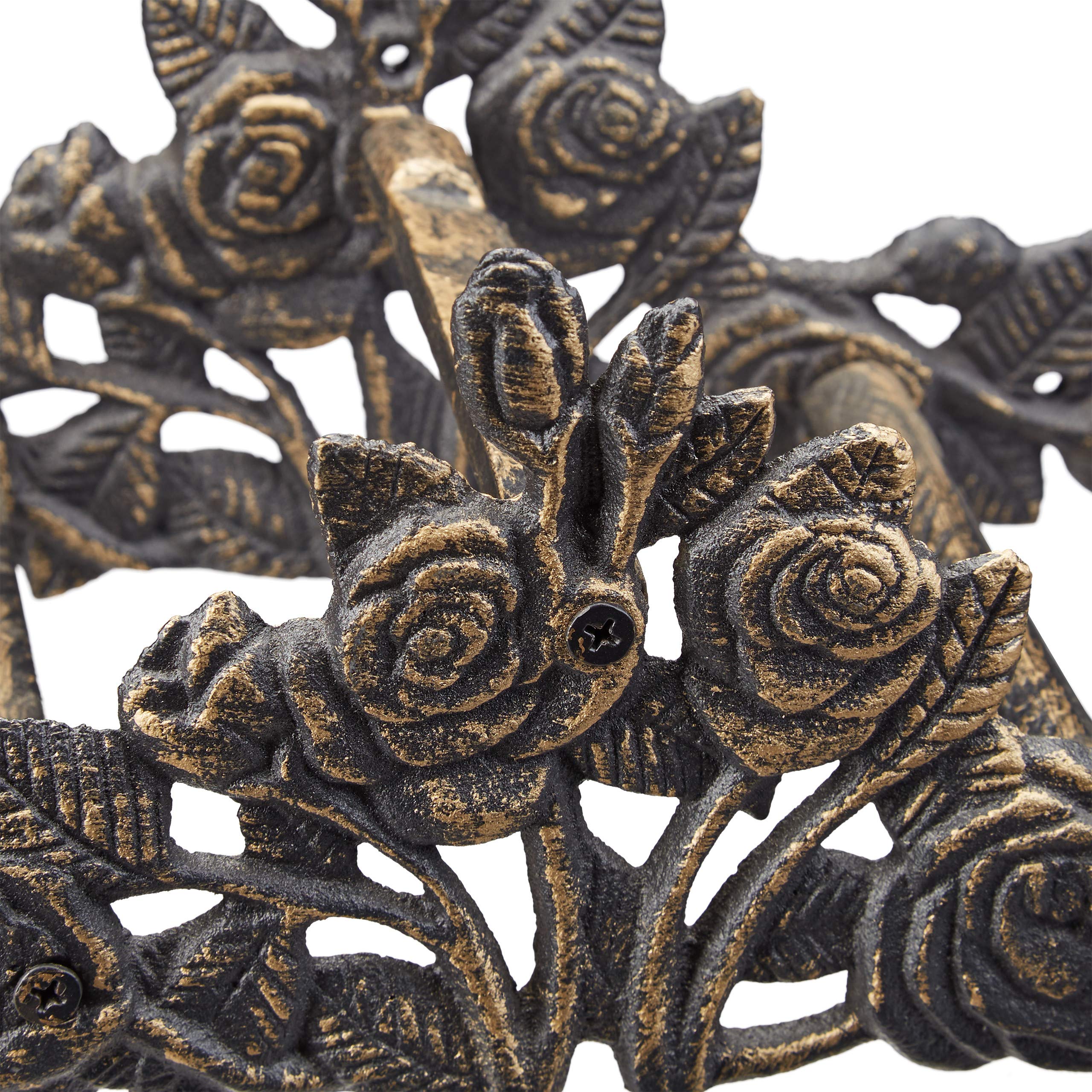 Relaxdays Enrollador de manguera con rosas, Decoración de jardín, Hierro fundido, Colgador para la pared, 13 x 27 x 15 cm, Bronce