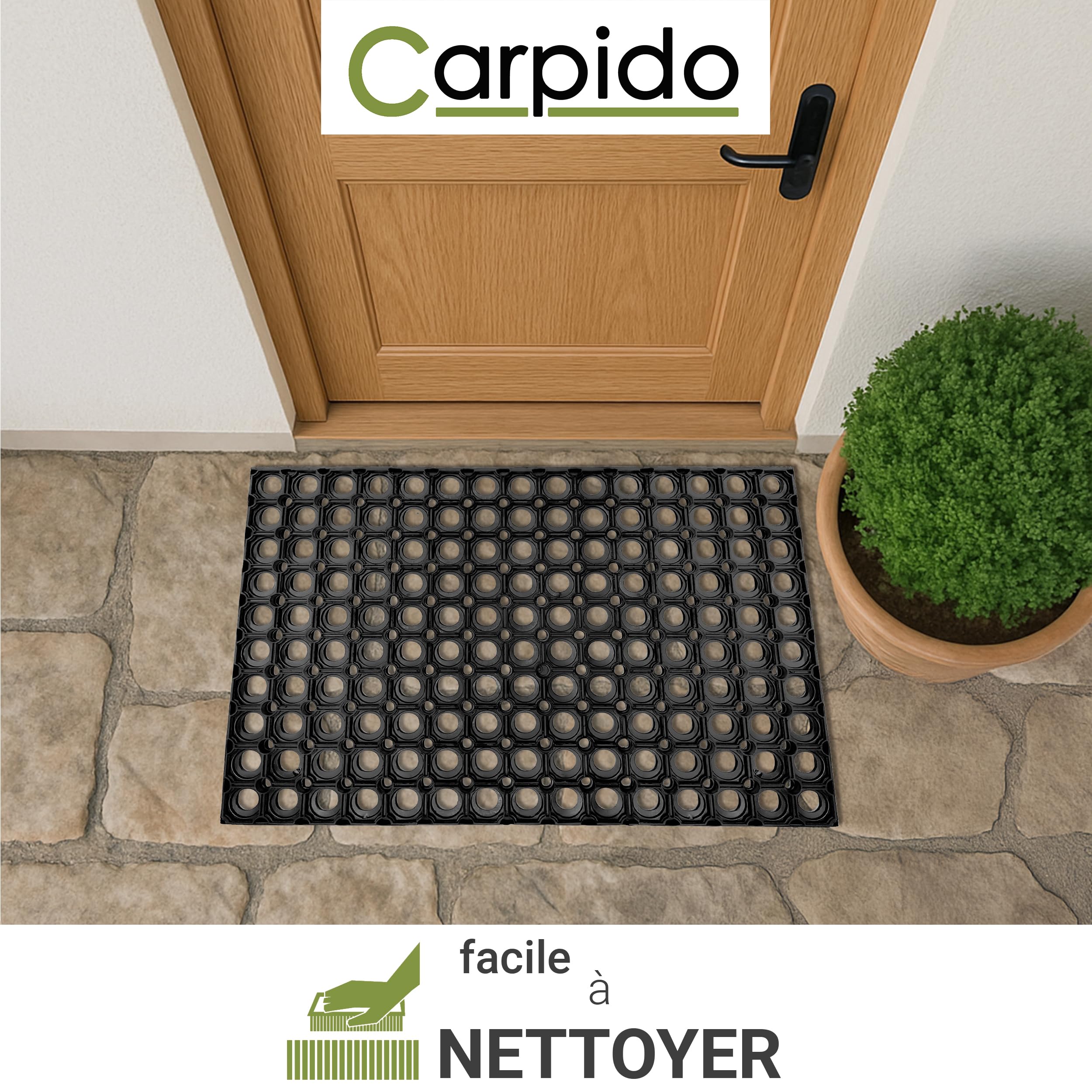 Carpido Paillasson Noir Tapis Caoutchouc - Paillasson Antidérapant 40x60 cm - Résistant - Extérieur Caoutchouc - Tapis Anti-salissures