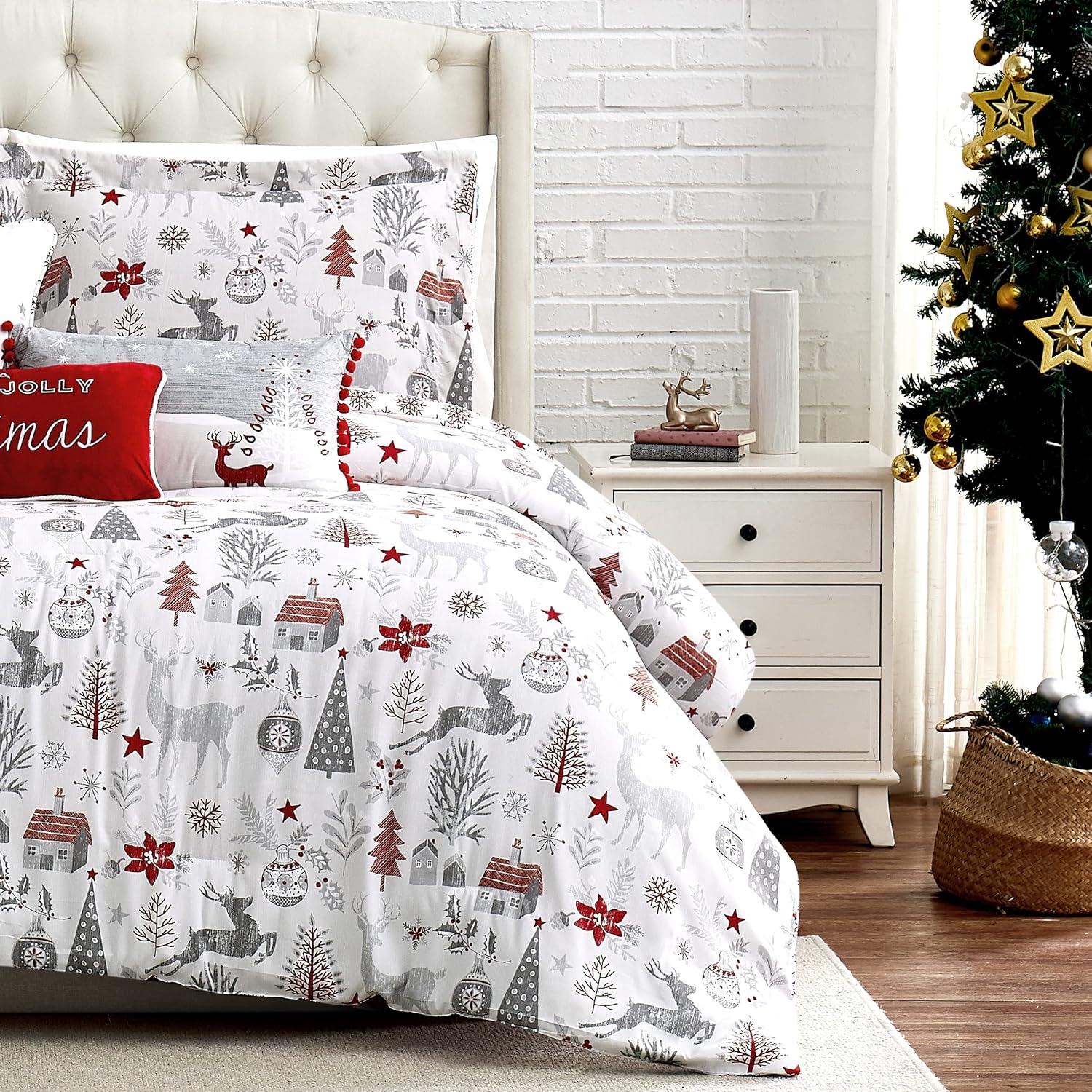 Southshore Fine Living, Inc. 5-Piece Oversized Christmas Comforter Set Twin XL, Reversible Twin Christmas Bedding, Holiday Bedding, 1 Sham, 2 Throw Pillows, 1 Throw Pillow Cover - Holly Jolly