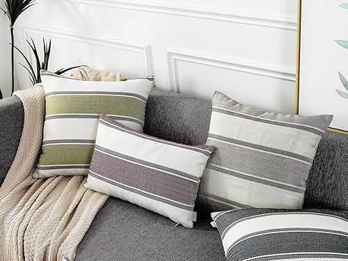 Miniatura 4 de AmHoo Paquete de 2 fundas de almohada de lino estilo rural, decoración a rayas, funda de almohada retro con cremallera oculta para sofá, dormitorio