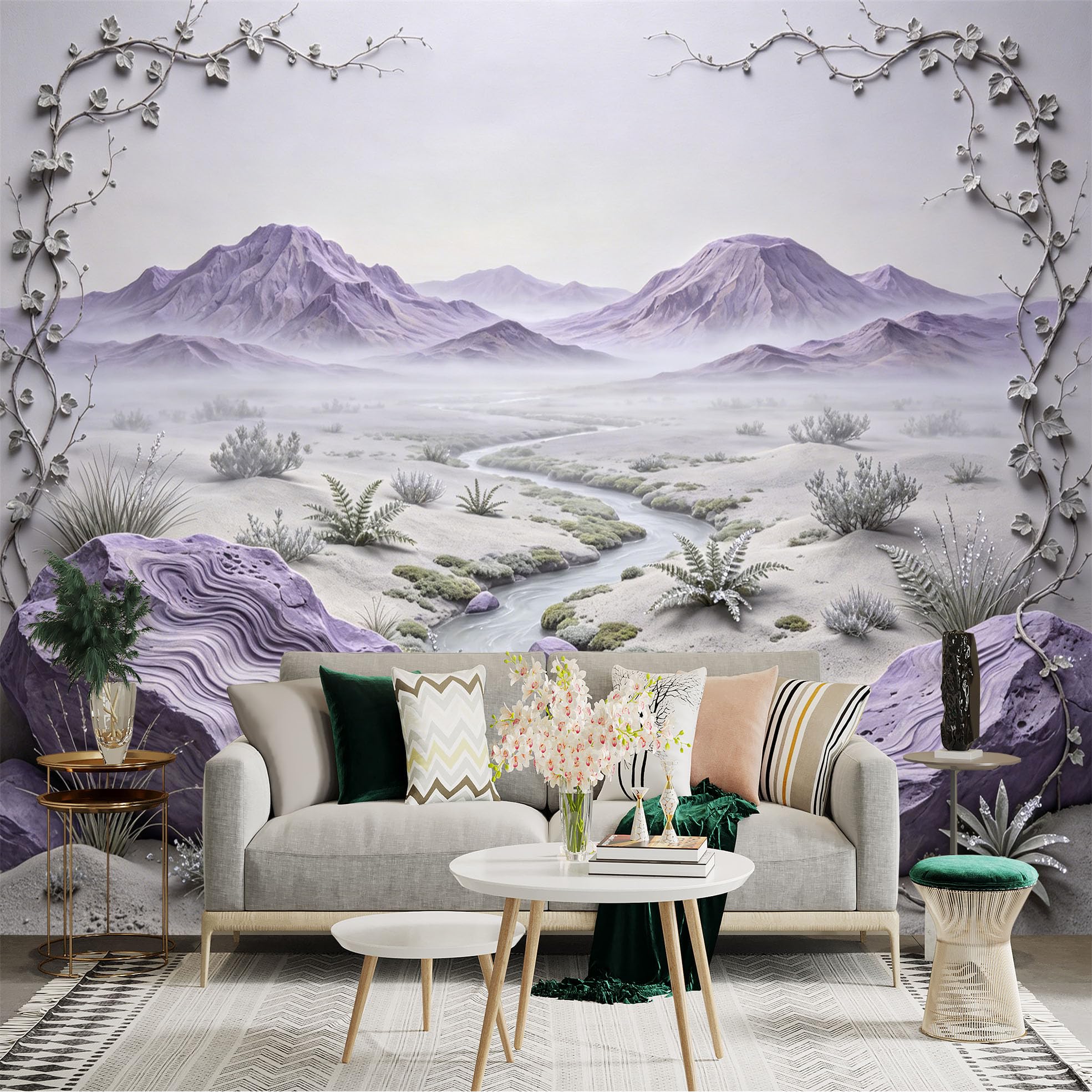 Custom Size Wall Sticker Mural， Purple Desert Landscape with Mountains River and Misty Valley， for wall Decoration， peelandstick wall Decals.