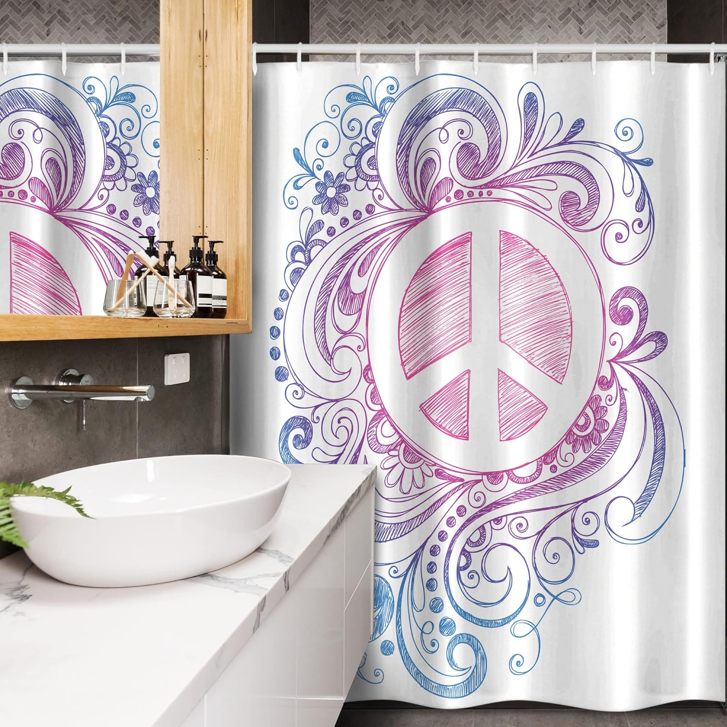 Ambesonne Groovy Stall Shower Curtain, Classic Hand Drawn Style Peace Sign and Swirls Freedom Change Hope Roll, Fabric Bathroom Decor Set with Hooks, 54" W x 78" L, Pink Blue White
