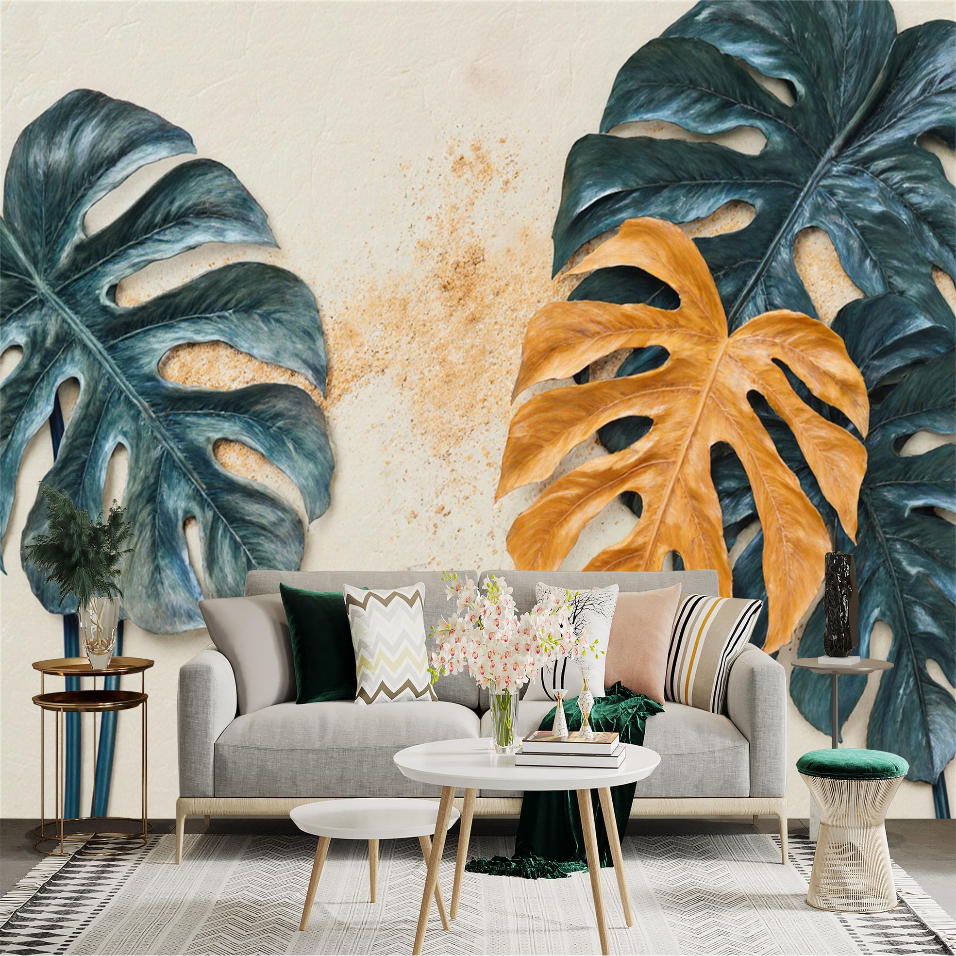 Custom Size Wall Sticker Mural， Tropical Monstera Leaves， Golden and Deep Green Botanical Foliage， Artistic Plant Wall Decor， for wall Decoration， peelandstick wall Decals.
