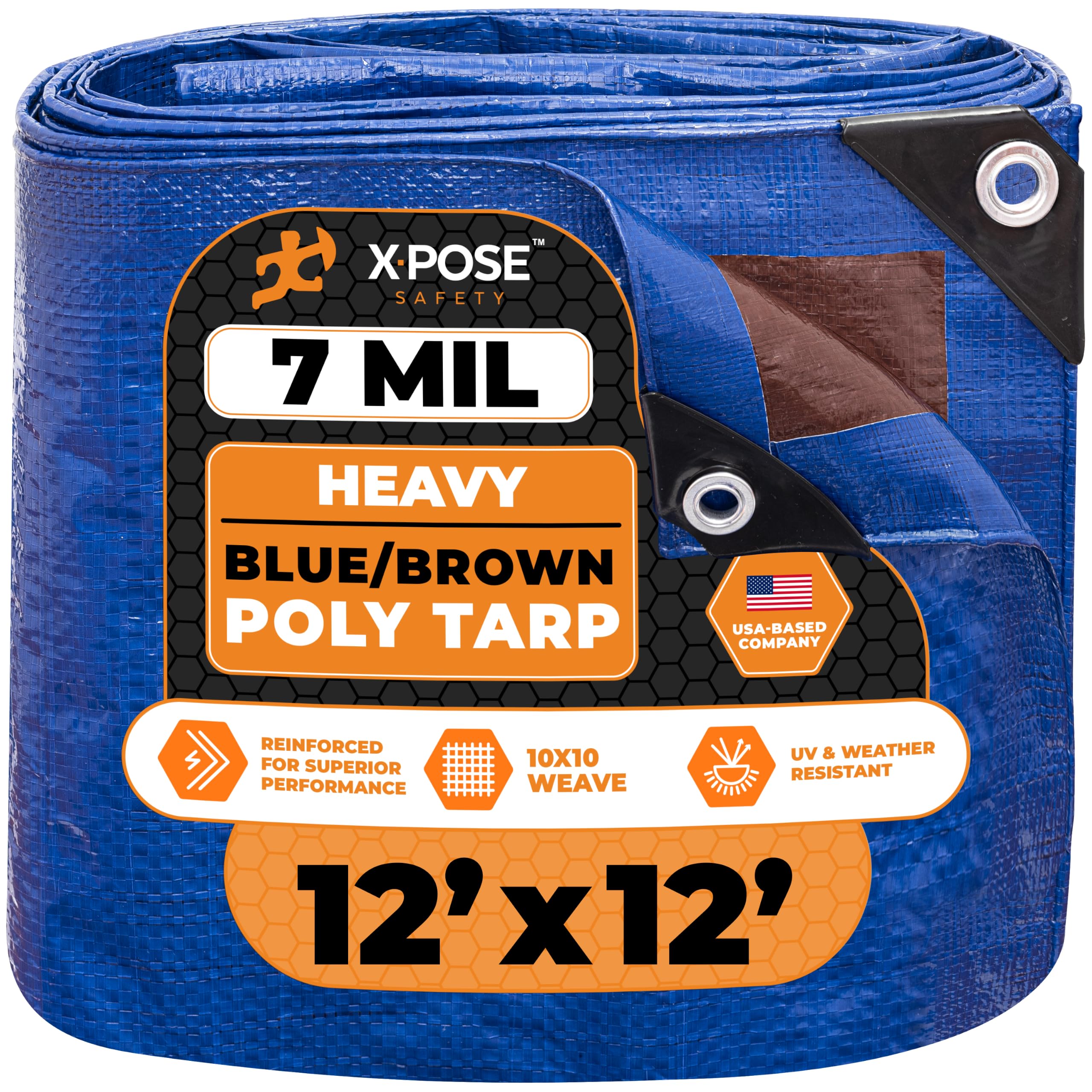 Xpose Safety 12’ x 12’ Heavy Blue/Brown Tarp - Waterproof - 7 Mil Weatherproof Camping Tarp for Tent, Rain, Wind &amp; Sun - Plastic Tarpaulin Cover Outdoor for Roof, Trailer, RV, Car, Boat