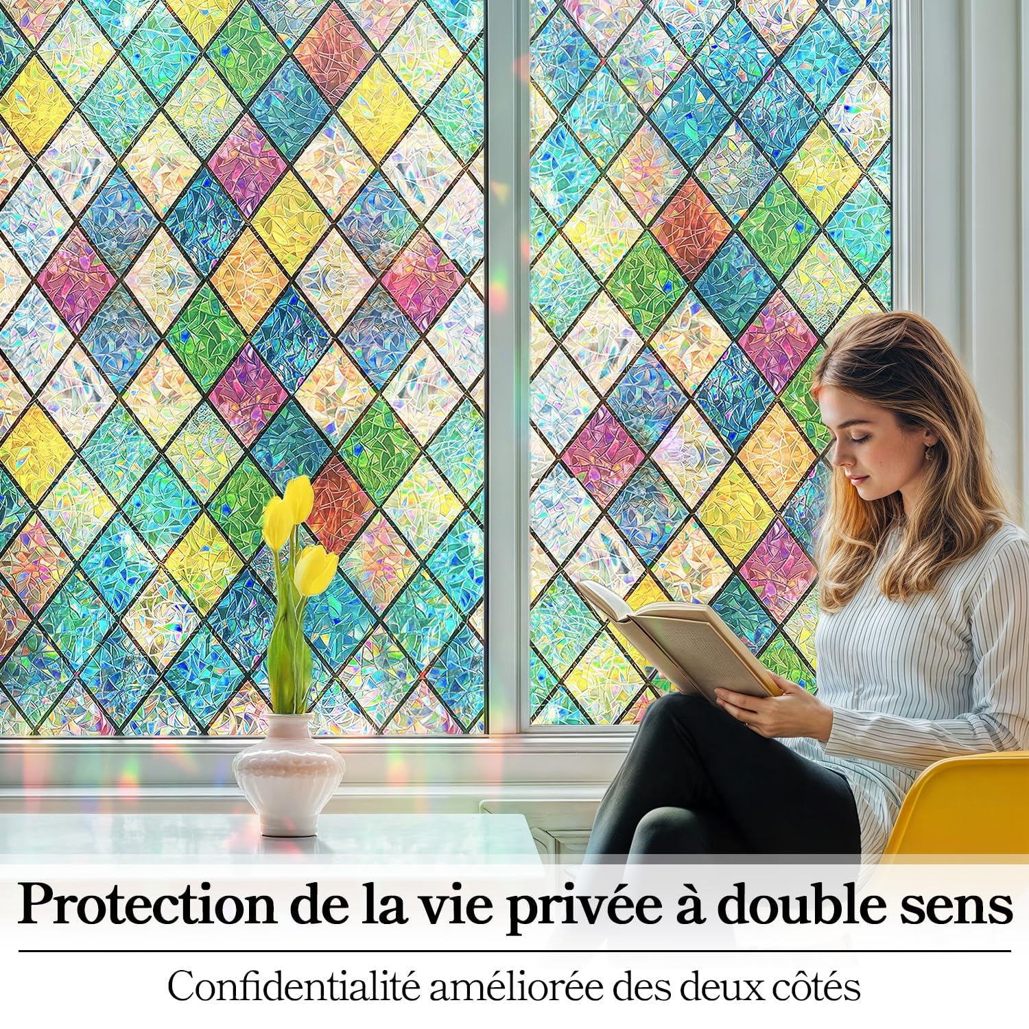 Qualsen Film Fenetre Anti Regard Effet Arc-en-Ciel 90 x 200cm, Film Electrostatique Vitre Motif en Losanges Anti UV Non Adhesif Films Vitrail Décoratif Brise Vue Fenetre pour Chambre Cuisine