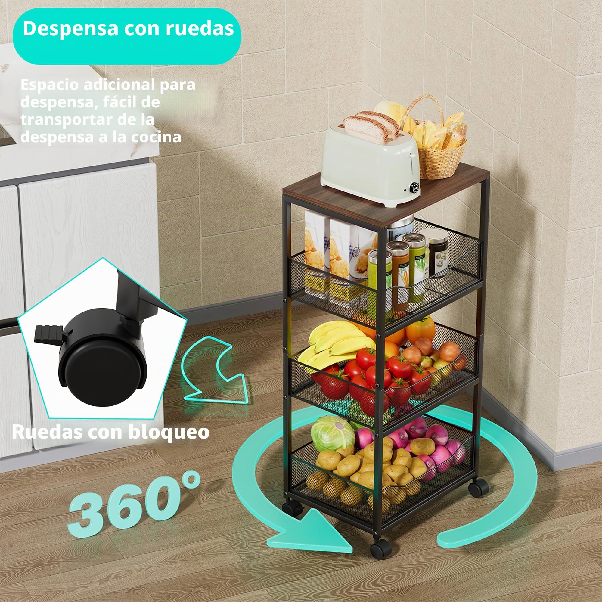 HapiRm Cesta de Frutas para Cocina, Carrito de Almacenamiento rodante de 4 Niveles con Ruedas, Cesta de Frutas y Verduras con