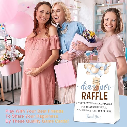 Miniatura 8 de Juego de baby shower, 50 boletos para rifas de pañales con 1 letrero de pie, suministros de decoración de fiesta de revelación de género de oso
